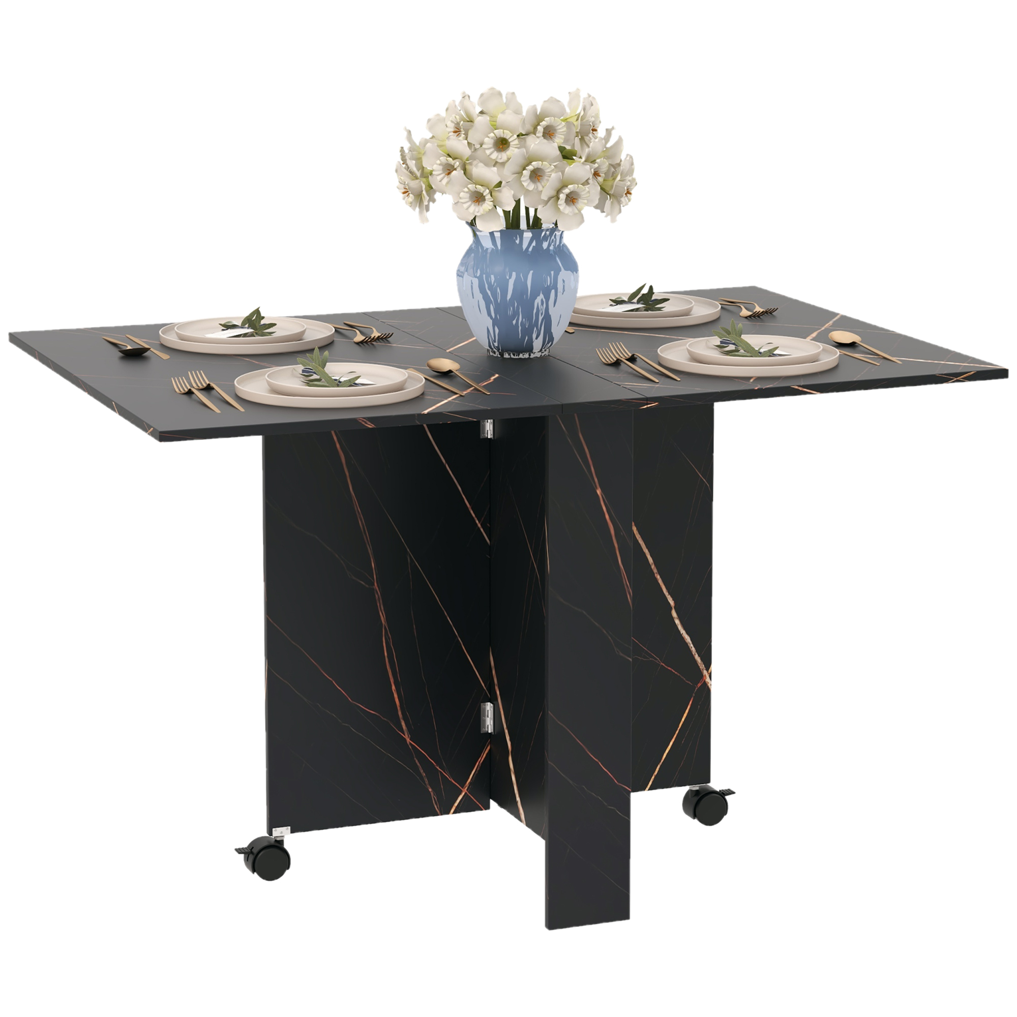 HOMCOM Klappbarer Küchentisch, ausziehbarer Esstisch, mit 2 Klappen, 2 Bremsrollen, für 6 Personen, Belastung 20 kg, 120 x 80 x 73 cm, schwarz marmoriert   Aosom