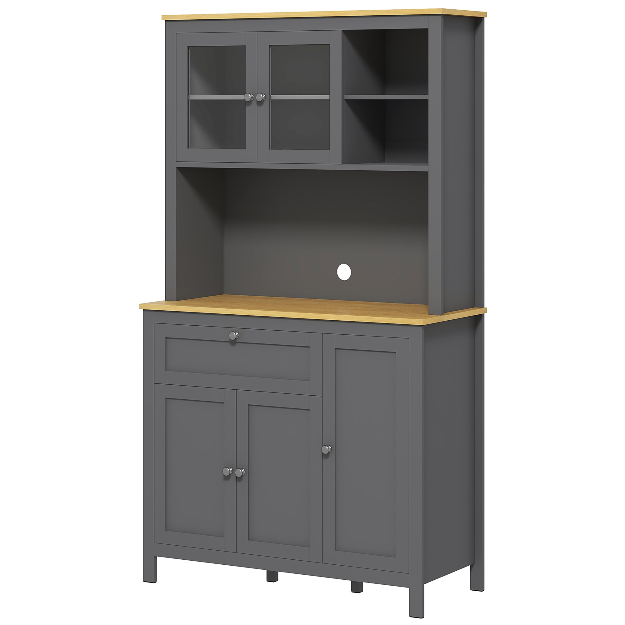 HOMCOM Küchenschrank Buffet Küche Vitrinenschrank Aufbewahrungsmöbel im modernen Stil mit 3 Schränken, Schublade, Fächern, Kabeldurchlass, verstellbaren Regalen und Glastüren, 100 x 40 x 180 cm, Grau   Aosom