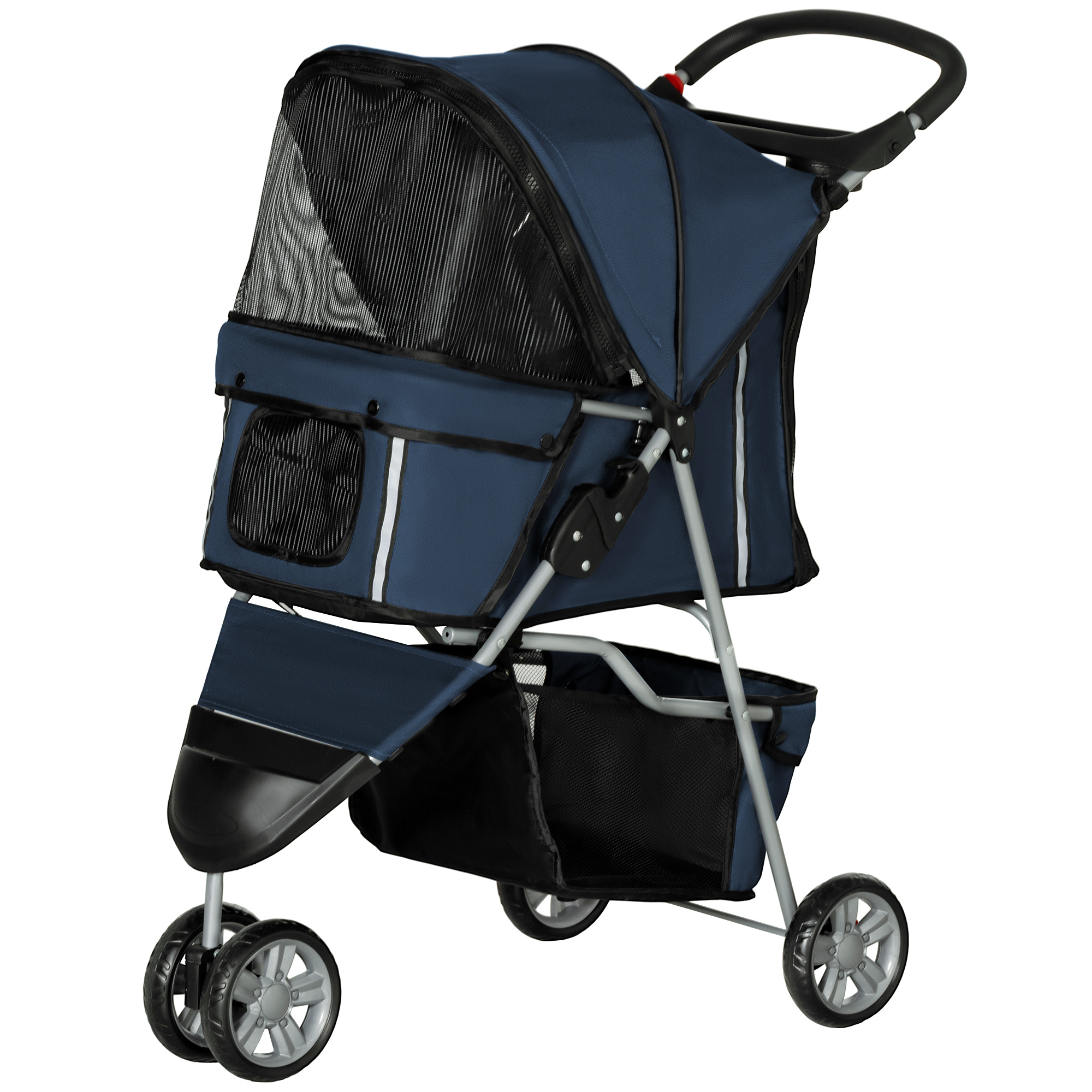 PawHut Hundekinderwagen zusammenklappbarer Buggy, faltbarer Wagen für Hunde und Katzen, Getränkehalter, Aufbewahrungskorb, Räder mit Bremse, 600D Oxford Stoff Stahl, 75 x 45 x 97 cm Dunkelblau   Aosom