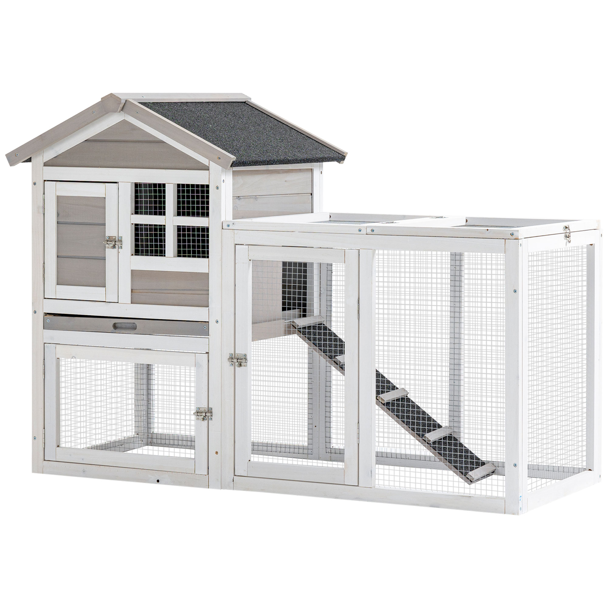 PawHut Kaninchenstall Hütte - oberes Gehege mit Rampe und Außengehege - herausziehbare Schublade, bitumiertes Dach, 4 verriegelbare Türen - Maße 128L x 64B x 92H cm Fichtenholz Weiß Grau Aosom