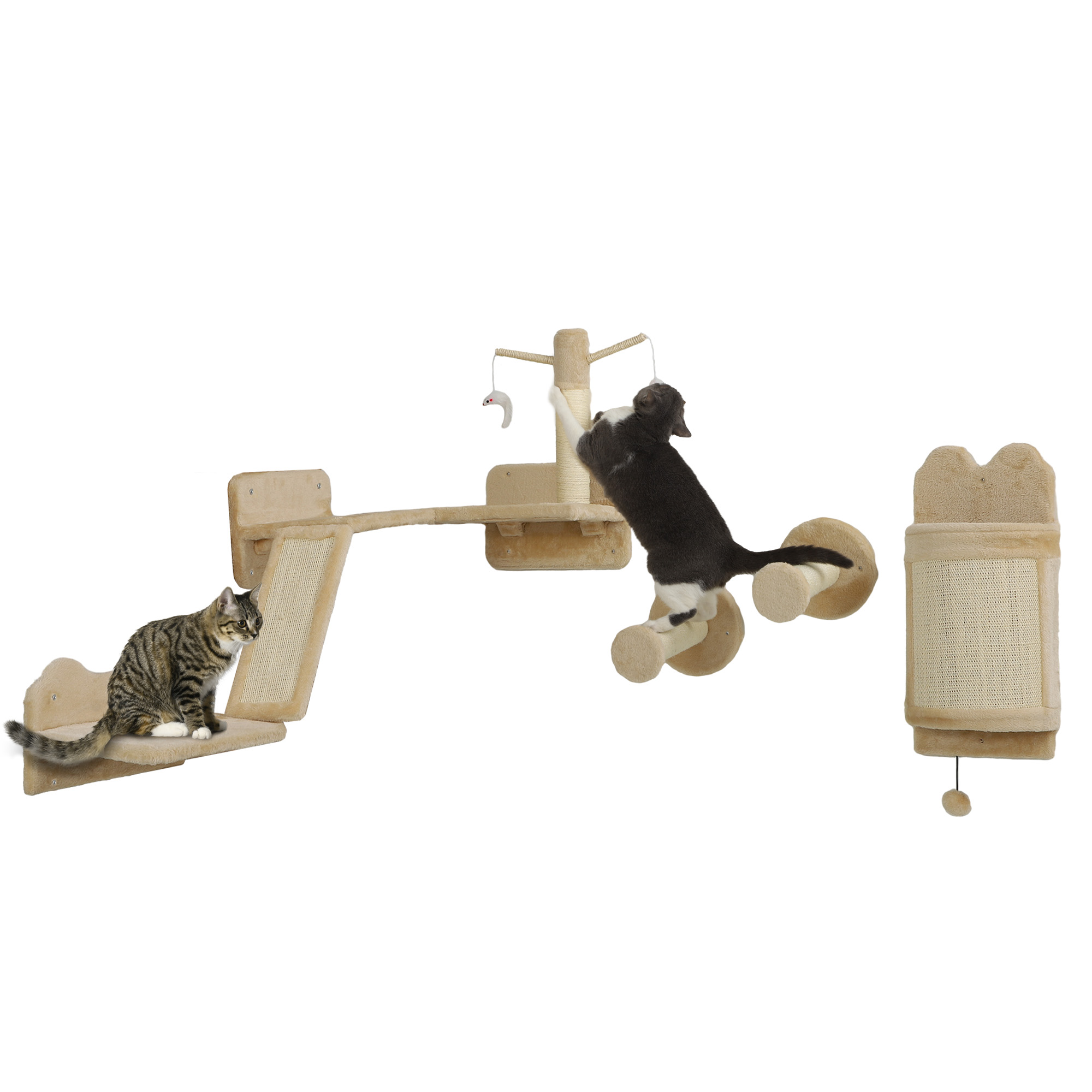 PawHut Katzen-Wandregale, Wandmöbelset für Katzen, 4-teiliges Set mit Regalen, Kratzbrettern, Sprungplattform, Teasern, Spielzeugball, beige Aosom