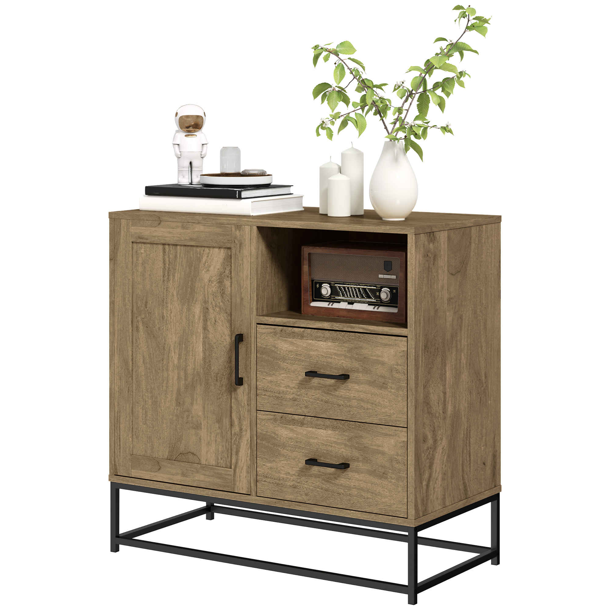 HOMCOM Buffet Wohnzimmer Aufbewahrungsmöbel modernes Design mit 2 Schubladen, offenem Fach und verstellbarem Regal - Esszimmer, Küche und Wohnzimmer Buffet, 80 x 40 x 78 cm, Naturholz   Aosom