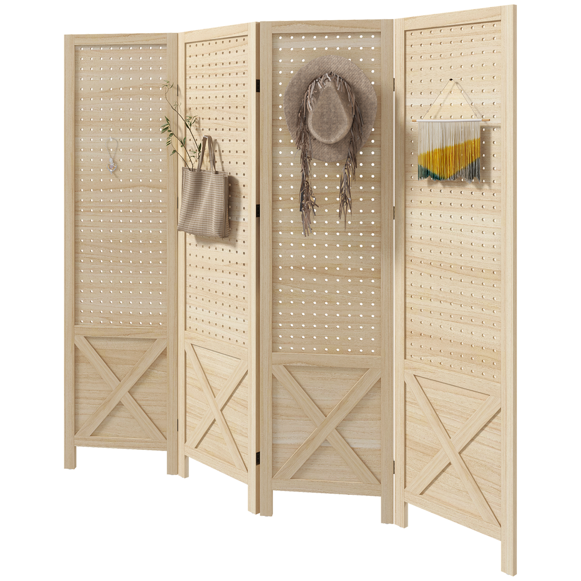 HOMCOM Innen-Paravent aus Holz, 4 Paneele, 152 x 144,5 cm, perforierte Platte, faltbarer Raumteiler, perforiertes Panel für Wohnzimmer, Schlafzimmer, Haus, Naturholz Aosom