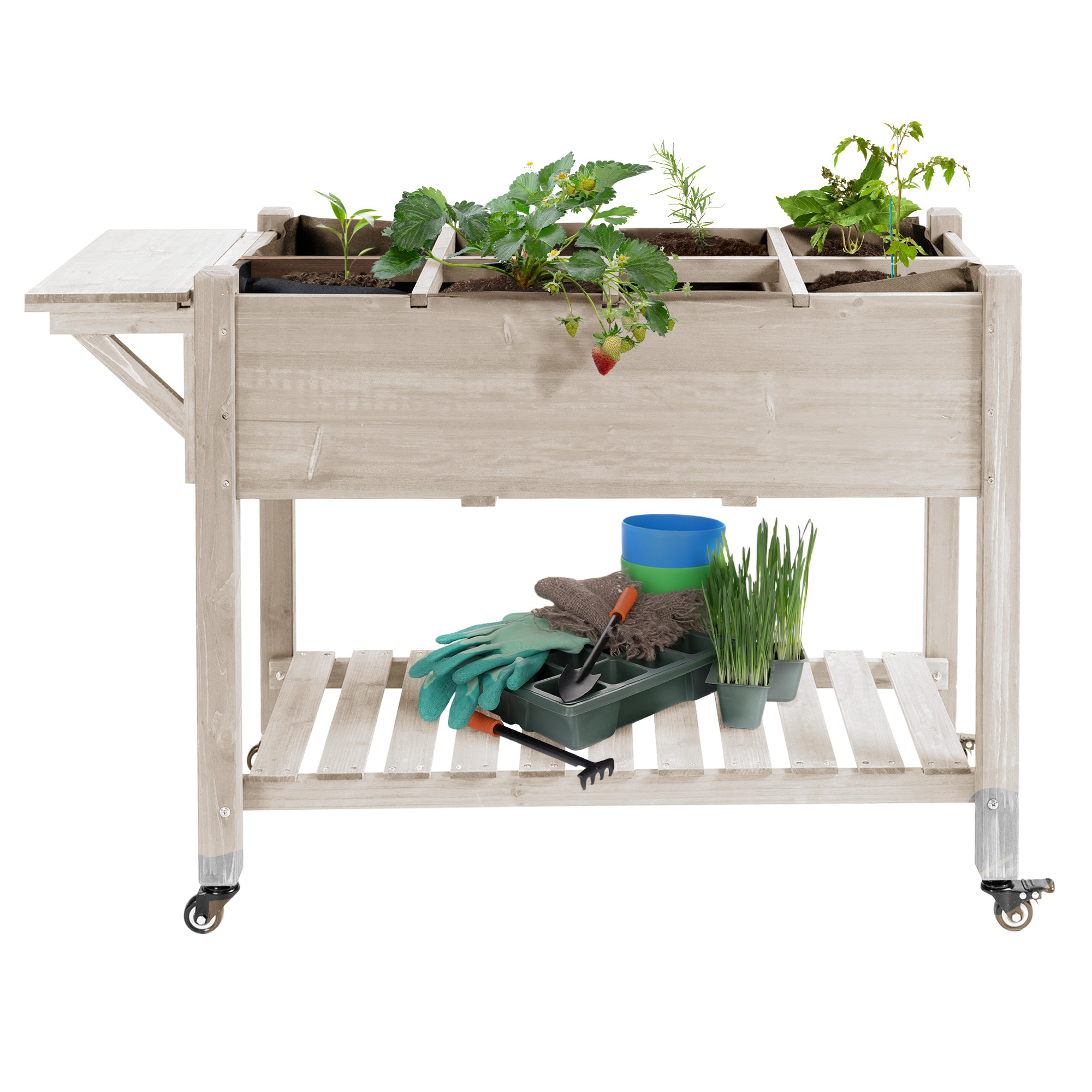 Outsunny Jardinière sur Pied - Hochbeet auf Rollen - Regal, Klappbarer Seitentisch, Bewässerungseinsätze, Drainagevlies Inklusive - Vorimprägniertes Fichtenholz Maße 123L x 54B x 87H cm   Aosom