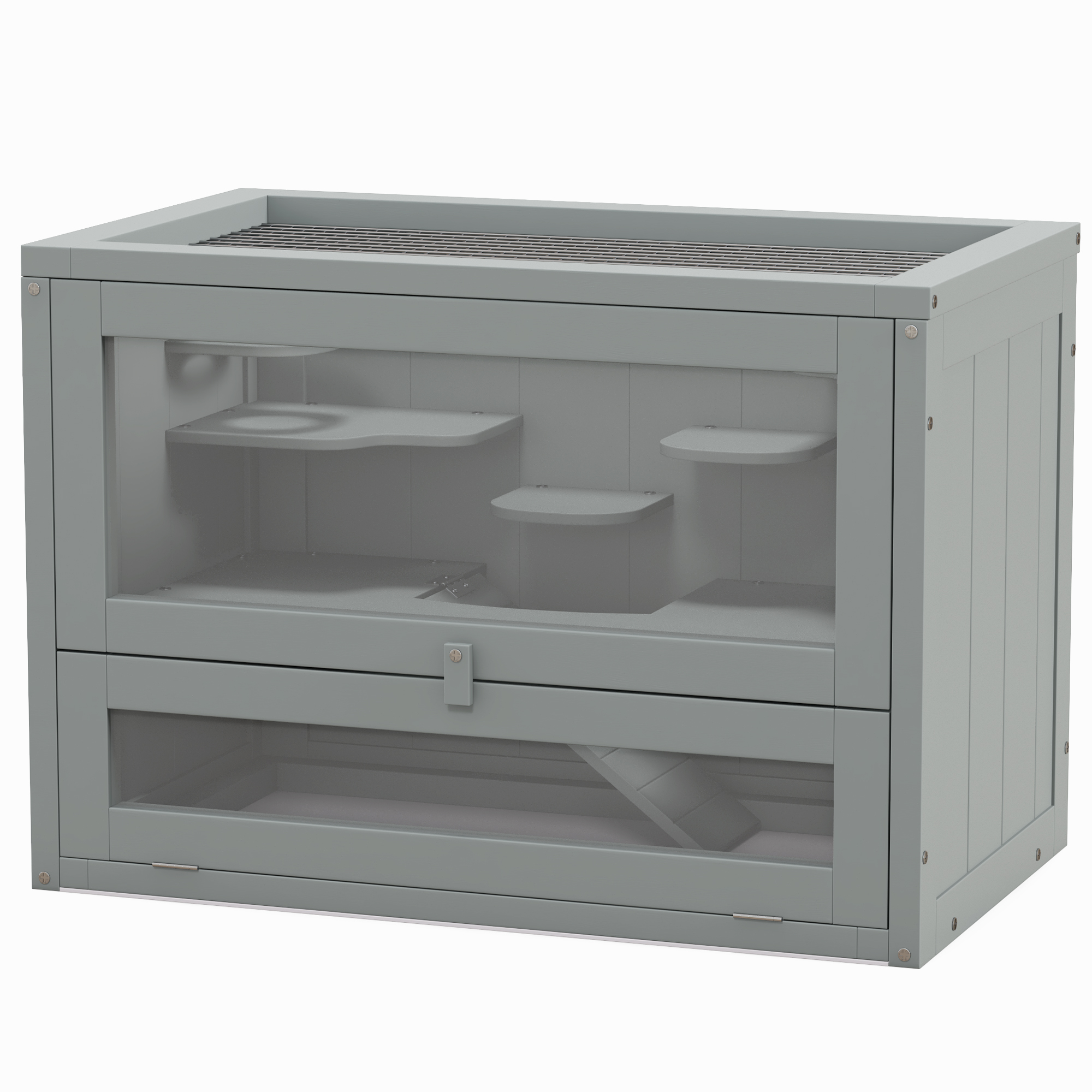 PawHut Käfig für Hamster, Mäuse, kleine Nager mit mehreren Ebenen, Rampe, Plattformen, öffnbares Dach, Drahtgitter, Tür, Grau   Aosom