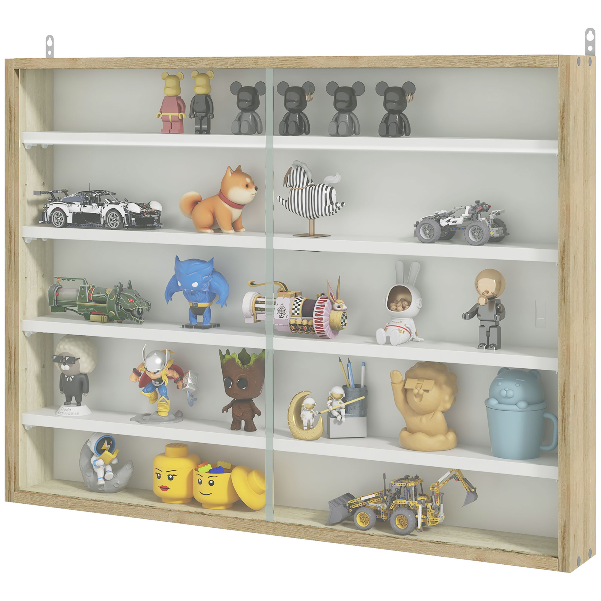 HOMCOM Vitrine für Sammlung Wandvitrine 80 x 9,5 x 60 cm mit 4 verstellbaren Regalen und 2 Schiebetüren aus Glas, für Sammlung von Figuren und Miniaturautos, Eiche Aosom