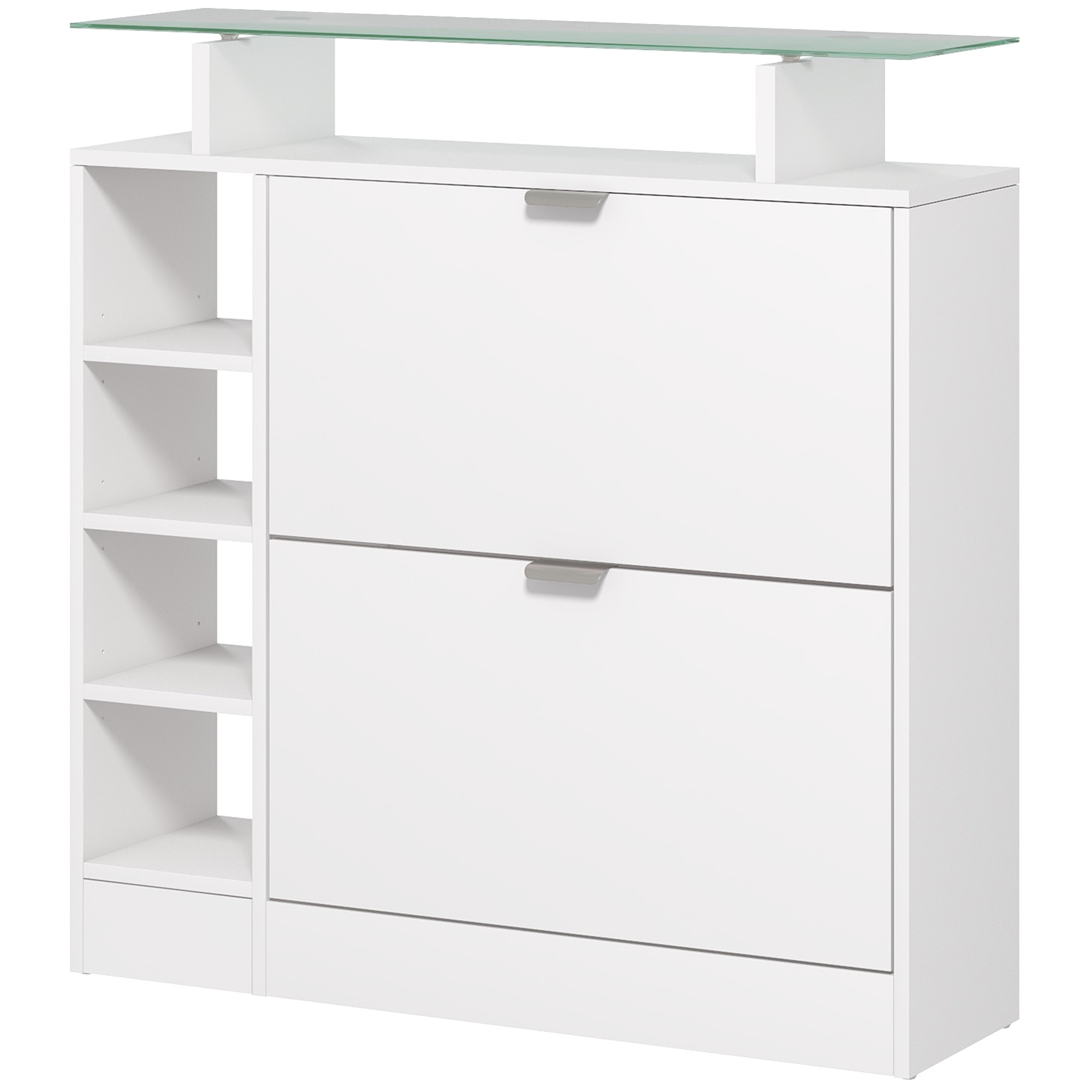 HOMCOM Moderne Schuhschrank mit zwei kippbaren Schubladen für 12 Paare, Schuhschrank mit Glasplatte und verstellbaren Regalen, 89 x 25 x 92 cm, weiß   Aosom