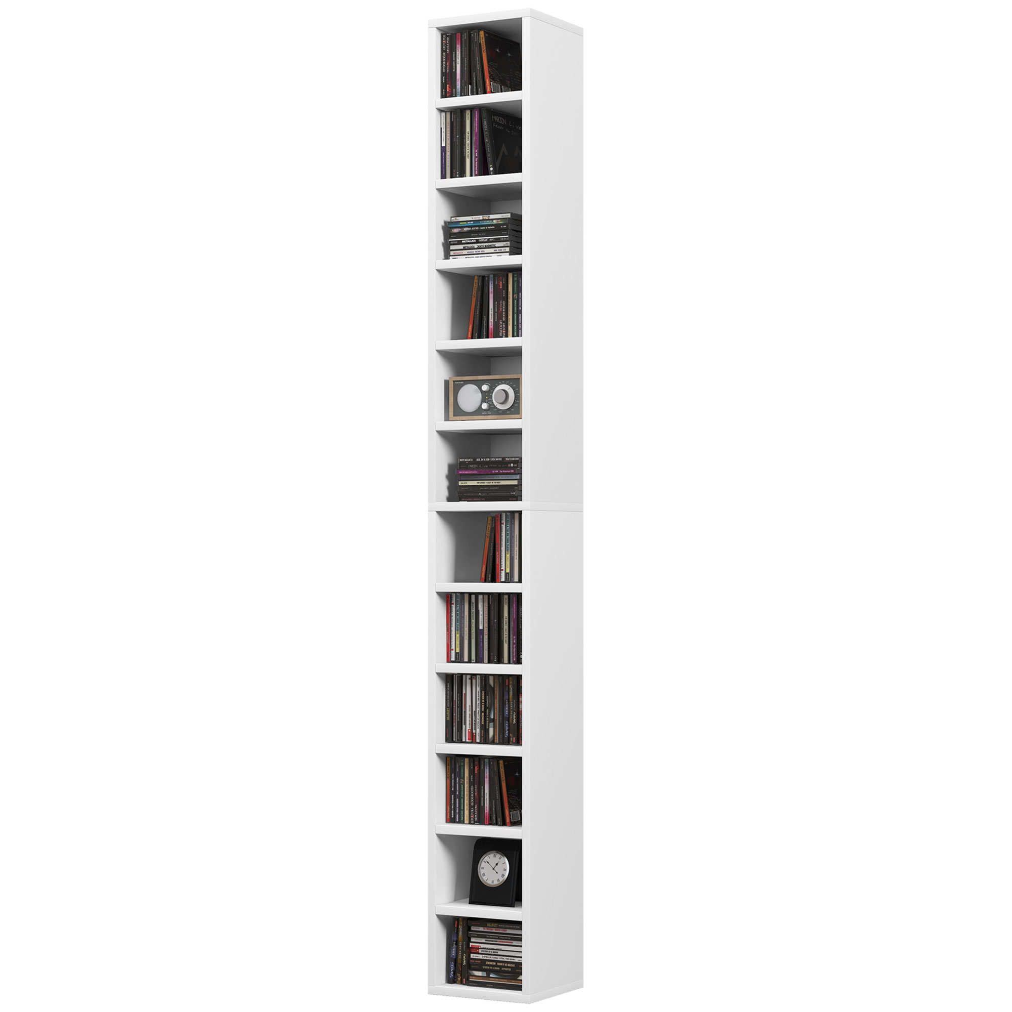 HOMCOM CD- und DVD-Aufbewahrung, CD/DVD-Regal mit 12 Fächern, Fassungsvermögen max. 204 CDs, 21 x 20 x 175 cm, Weiß   Aosom