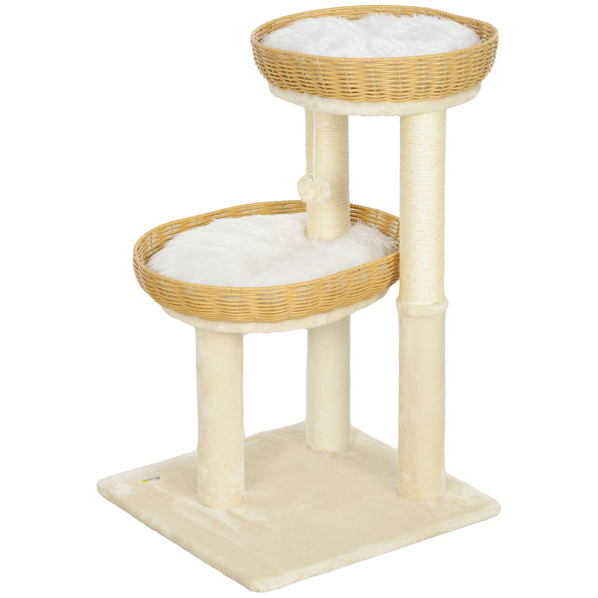 PawHut Katzenbaum, Kletterbaum, Höhe 75,5 cm, mit zwei Liegekörben aus Rattan für Katzen, Kratzbretter, waschbare Kissen, Spielball, Beige Aosom
