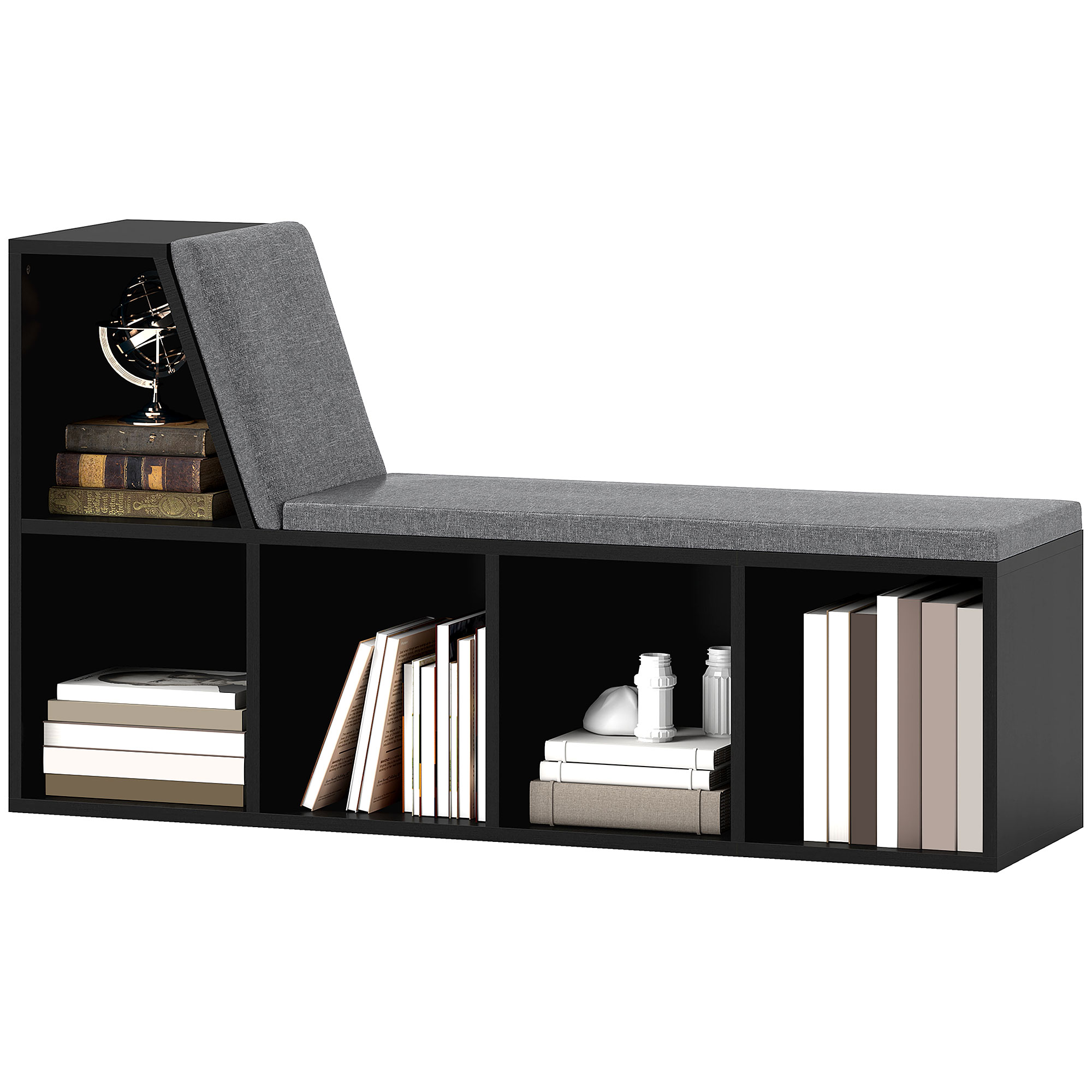 HOMCOM Bücherregal Bank 2 in 1 mit 5 Aufbewahrungsfächern und 2 Kissen Regal für Bücher 108 x 30 x 60 cm Schwarz Grau Aosom