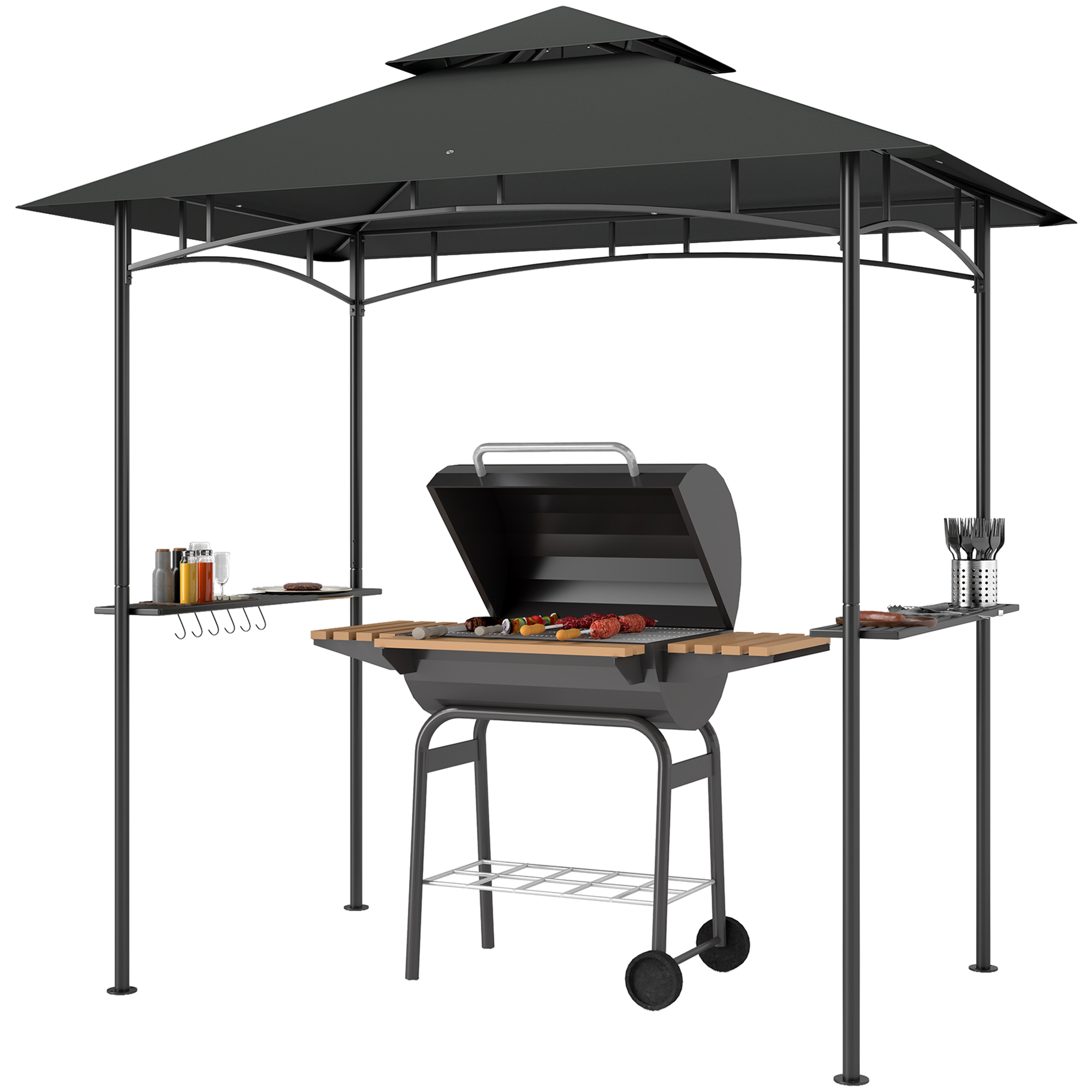 Outsunny Grillpavillon mit LED 240 x 150 x 258 cm wasserabweisend flammhemmend Gartenpavillon mit Doppelschichtdach, Seitenregalen, Gartenlauben mit UV-Schutz, BBQ Pavillon für Party BBQ Dunkelgrau Aosom