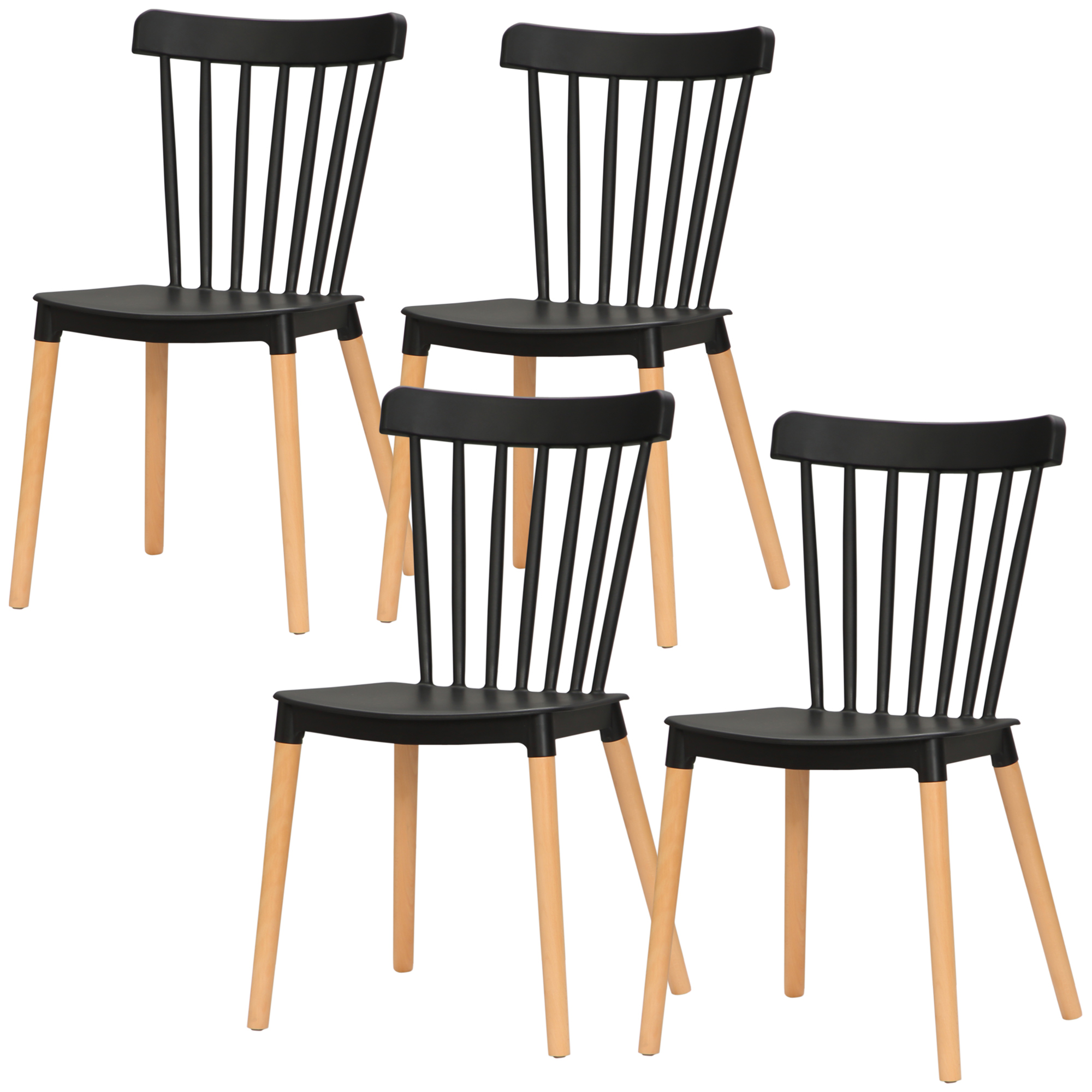 HOMCOM Set mit 4 Esszimmerstühlen, Küchenstühle im skandinavischen Stil, hohe Rückenlehne, Sitz aus Polypropylen, Buchenholzbeine, für Wohnzimmer, Schlafzimmer, Küche, Büro, schwarz   Aosom