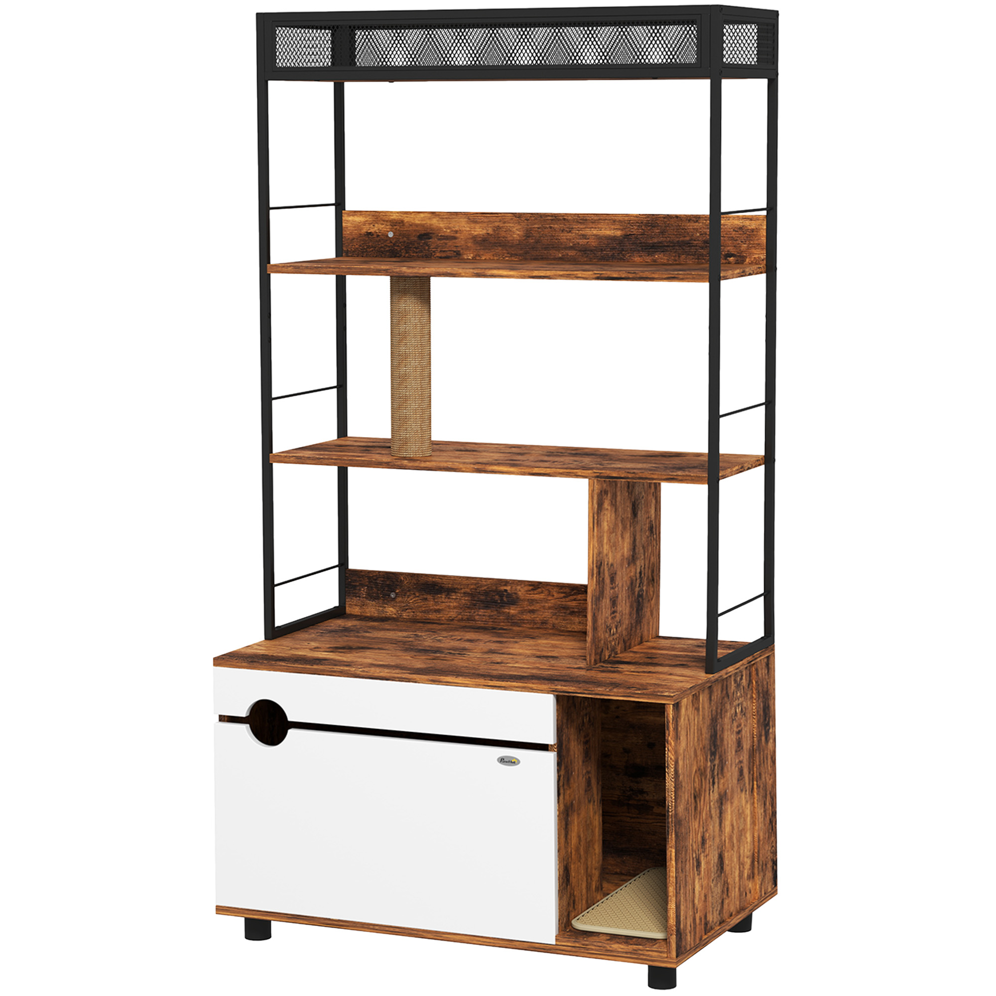 PawHut 2-in-1 Katzenklo Schrank, Katzenklo mit 3-Ebenen-Regal, Kratzpfosten, Klapptür, Katzenhaus für Katze unter 6 kg, 80 x 48 x 152 cm, Rustikal-Braun   Aosom