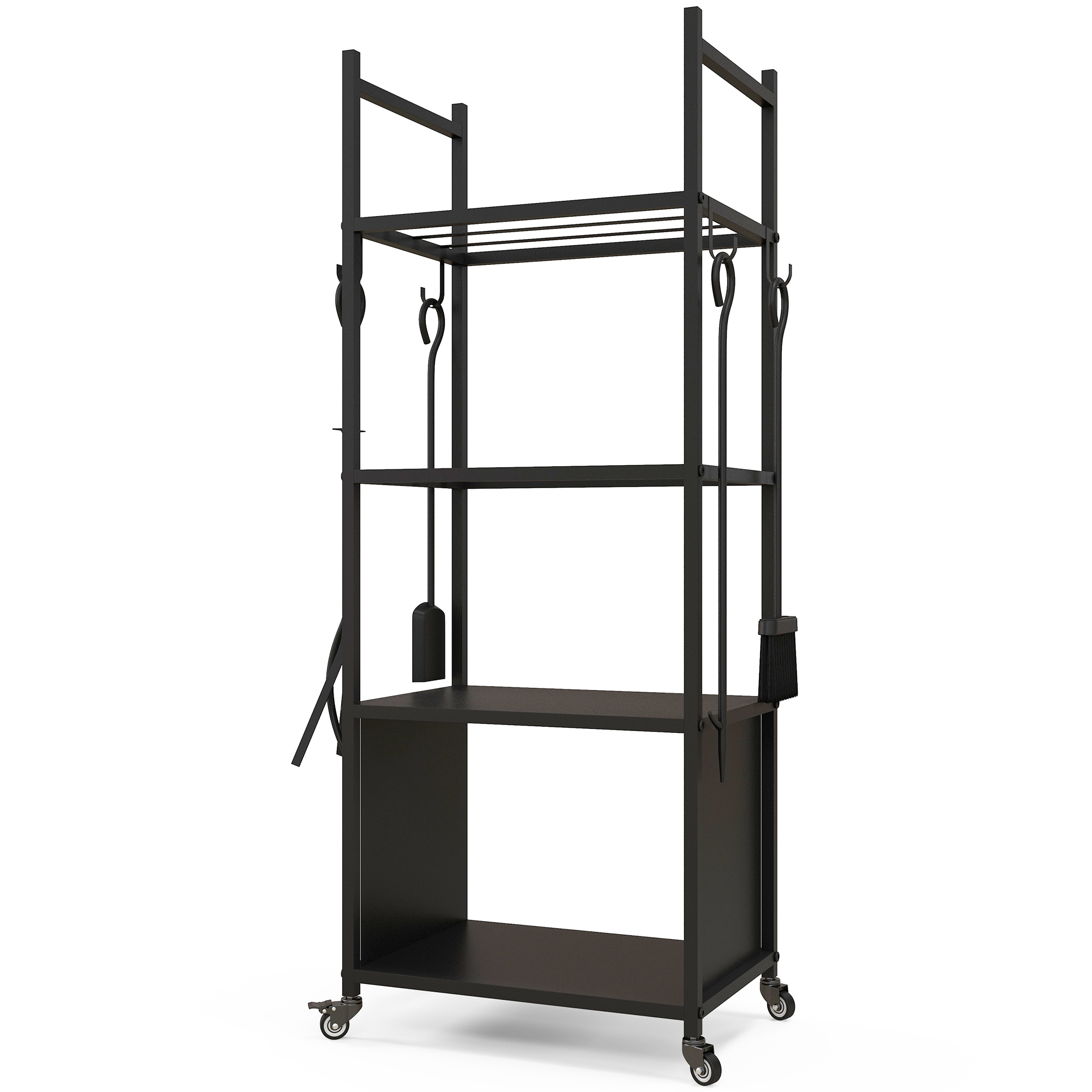 Outsunny Kaminholzregal 45 x 30 x 118 cm Brennholzregal mit Rollen, 4 Ablagen, Feuerholzregal für Outdoor, Indoor, bis 60 kg, Metall, Schwarz Aosom