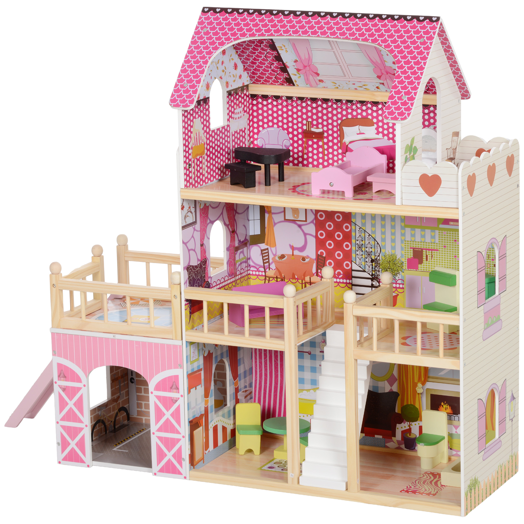 AIYAPLAY Puppenhaus aus Holz, Spielhaus mit 3 Etagen, 13 Möbelstücke, abnehmbare Garage, Rutschen & Balkon, 92,1 cm Hoch Dollhouse für 3-6 Jahre Kinder, Rosa   Aosom