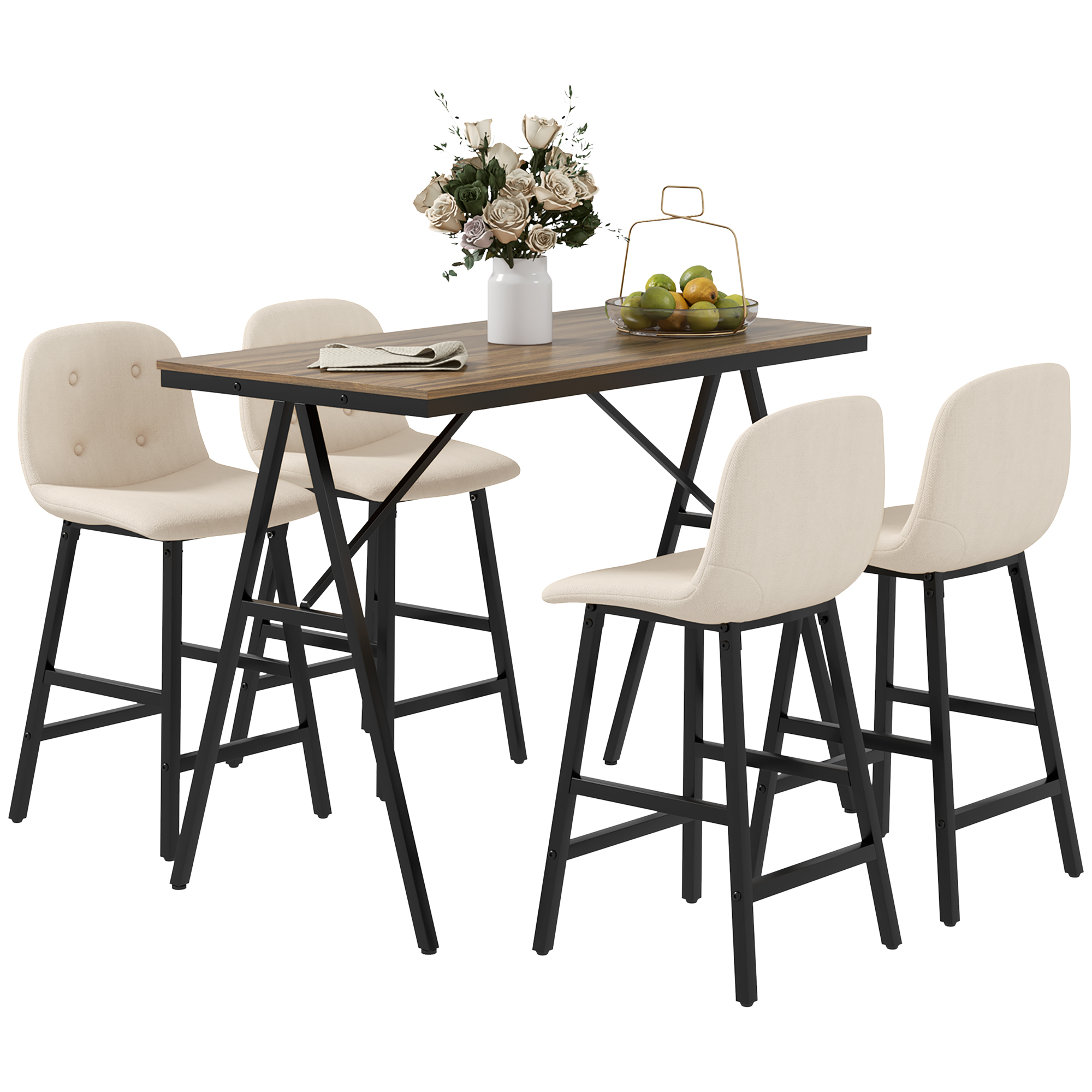 HOMCOM Bartisch mit Barhocker Set, 5-teilige Essgruppe, Küchentisch, Bistrotisch mit 4 Stühlen, Bartisch Set für Küche, Wohnzimmer, Stahl, Beige, 120 x 60 x 91 cm Aosom