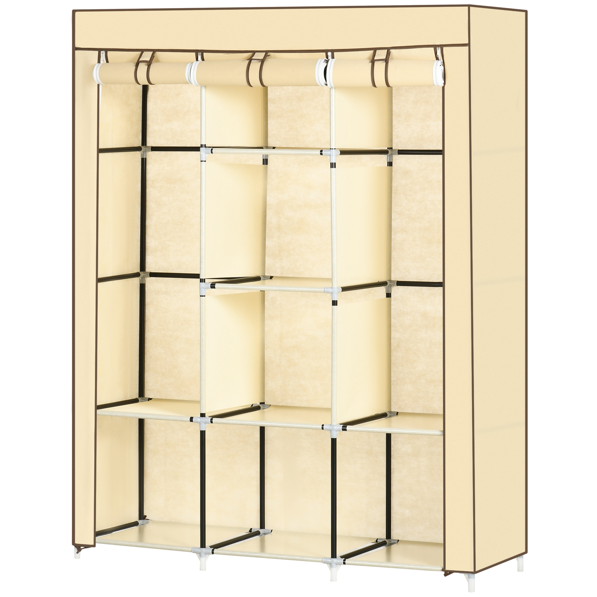 HOMCOM Stoffschrank Kleiderschrank mit 8 Ebenen & Kleiderstangen, Faltschrank aus Vliesstoff in Beige, 125x43x162,5cm für platzsparende Aufbewahrung Aosom.de