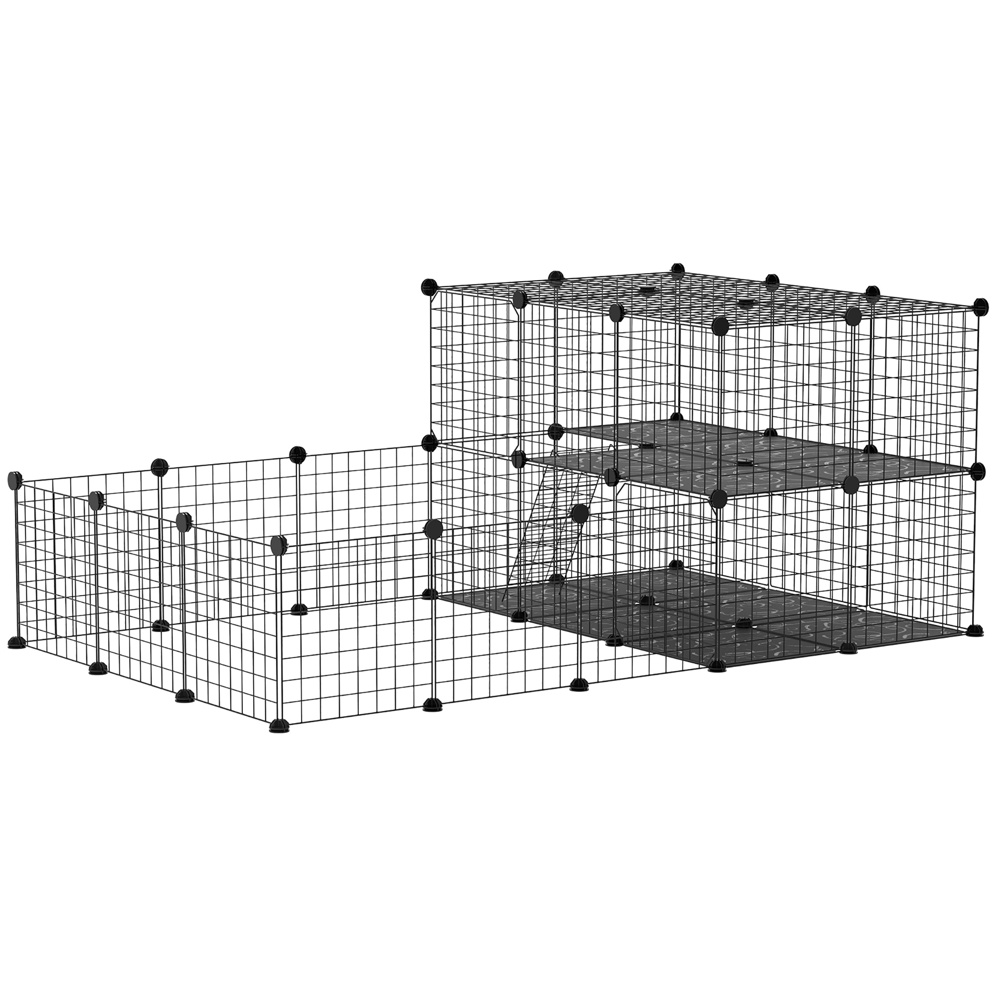 PawHut Metallgitter Kleintierkäfig 2-stöckig mit Tür und Leiter, DIY Freigehege aus Metall, 33 Platten für Kaninchen & Meerschweinchen   Aosom.de