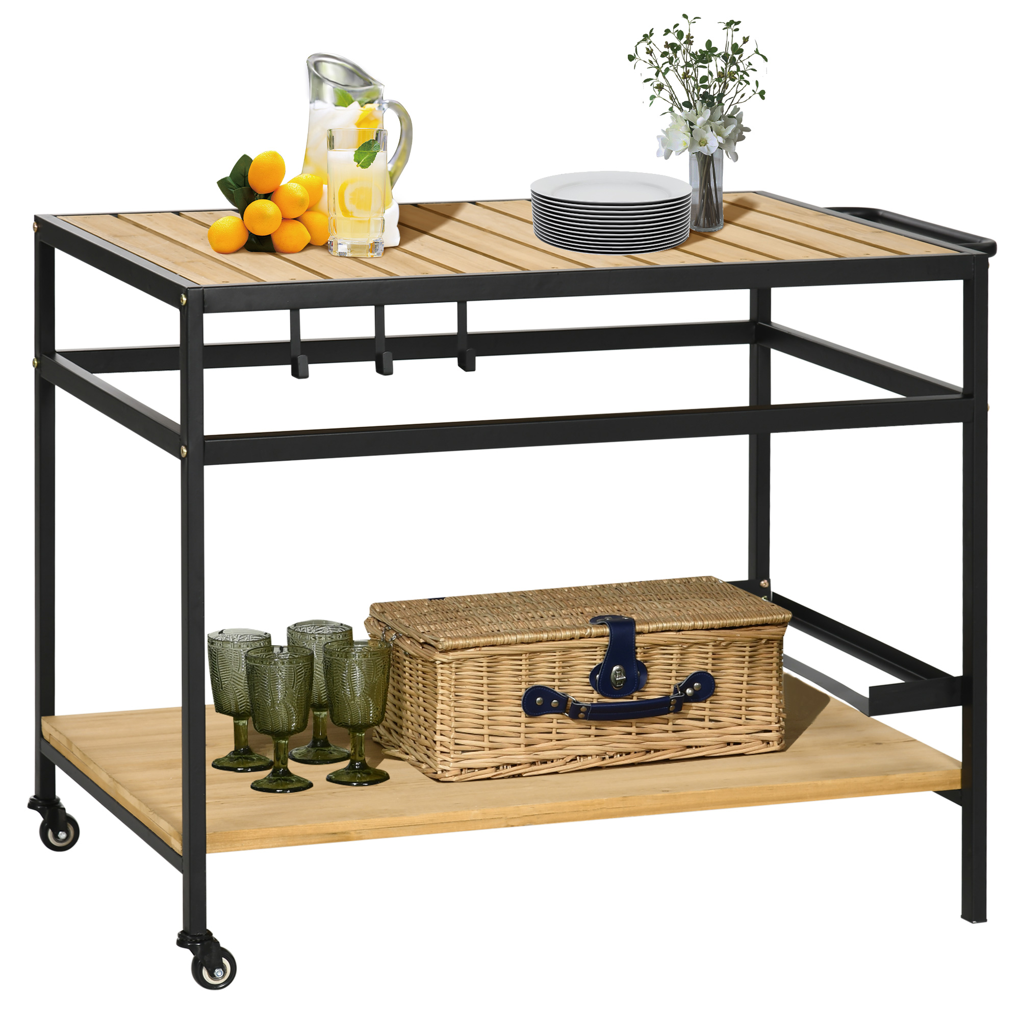 Outsunny Servierwagen Barbecue Trolley mit 2 Regalen und Haken, Küchenwagen mit Rollen für Outdoor, Multifunktionstisch Natur 107 x 65 x 80cm   Aosom.de
