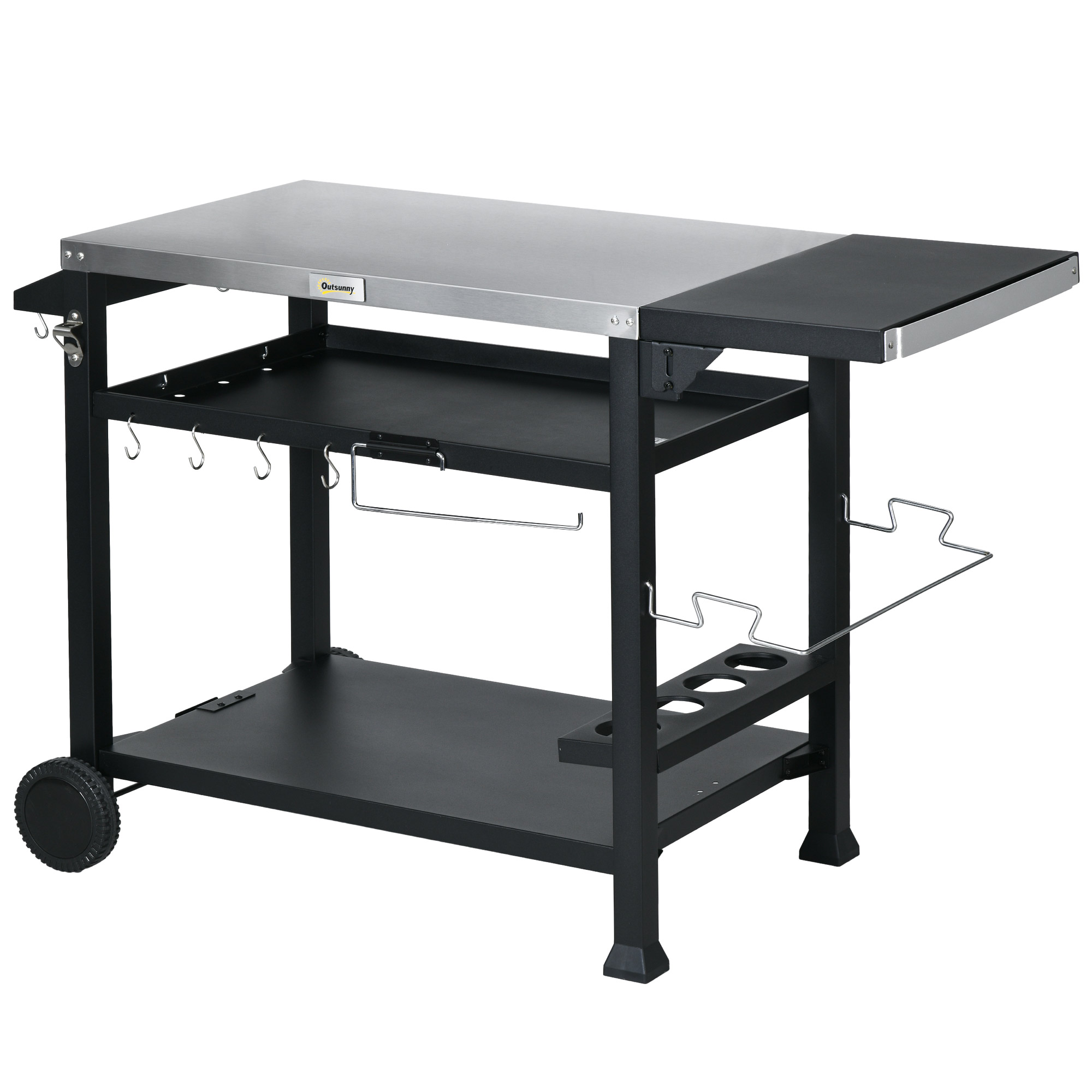 Outsunny Grillwagen Grilltisch mit klappbarem Beistelltisch, Servierwagen mit 3 Etagen, 6 Haken, Rollen, Weinregal, Grill Trolley mit Tischplatte aus Edelstahl für Outdoor, Schwarz Aosom