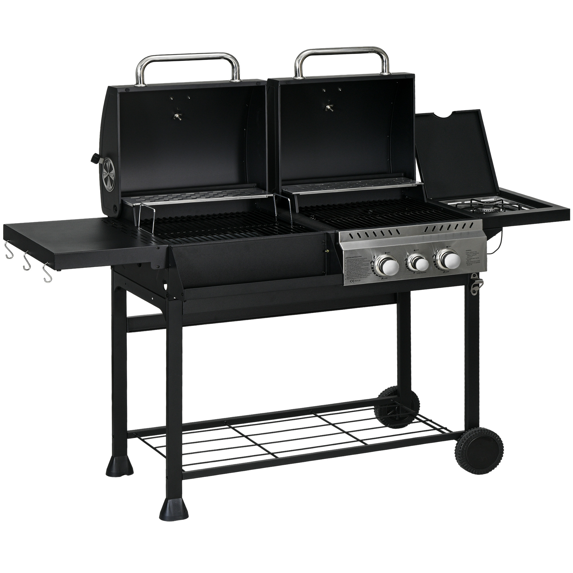 Outsunny Grillwagen Gasgrill mit 2+1 Brenner, Thermometer, 3kW BBQ Holzkohlgrill mit Regal, Seitenablage, Haken, Campinggrill mit Schlauch für Garten, Balkon, Schwarz   Aosom