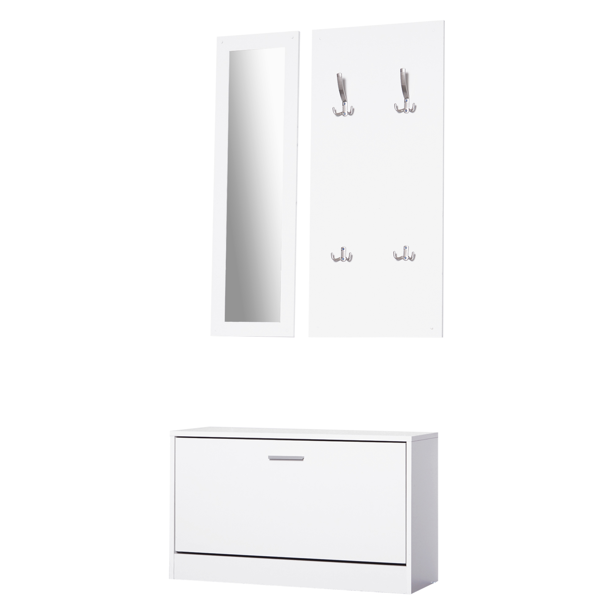 HOMCOM 3-teiliges Garderoben-Set Flurgaderobe mit Schuhschrank Garderobe Wandspiegel 4 Haken Weiß 30 x 100 cm (Spiegel)   Aosom