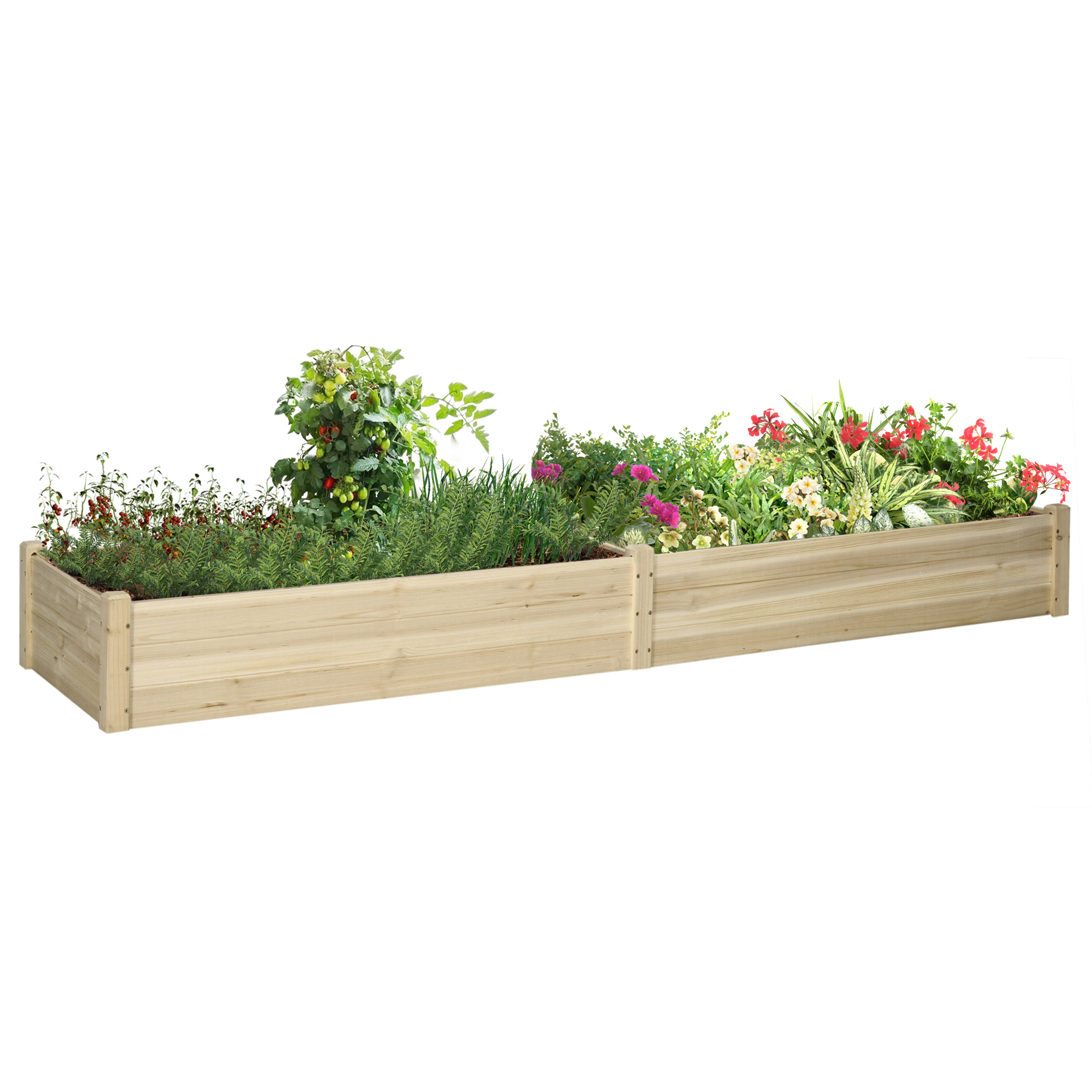 Outsunny Hochbeet aus Holz, 2 Pflanzbereiche, Innenverkleidung aus Vlies, wetterbeständig, Massivholz, 244 cm x 61,5 cm x 27 cm, Natur   Aosom