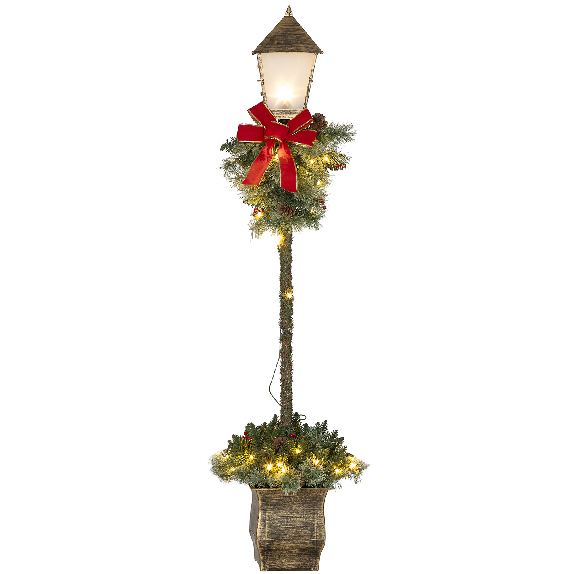 Outsunny 150 cm Weihnachtslaterne Weihnachtsbeleuchtung mit LED-Lichterkette Tannenzapfen Beeren Schleife für Weihnachtsfest Metall Grün Aosom