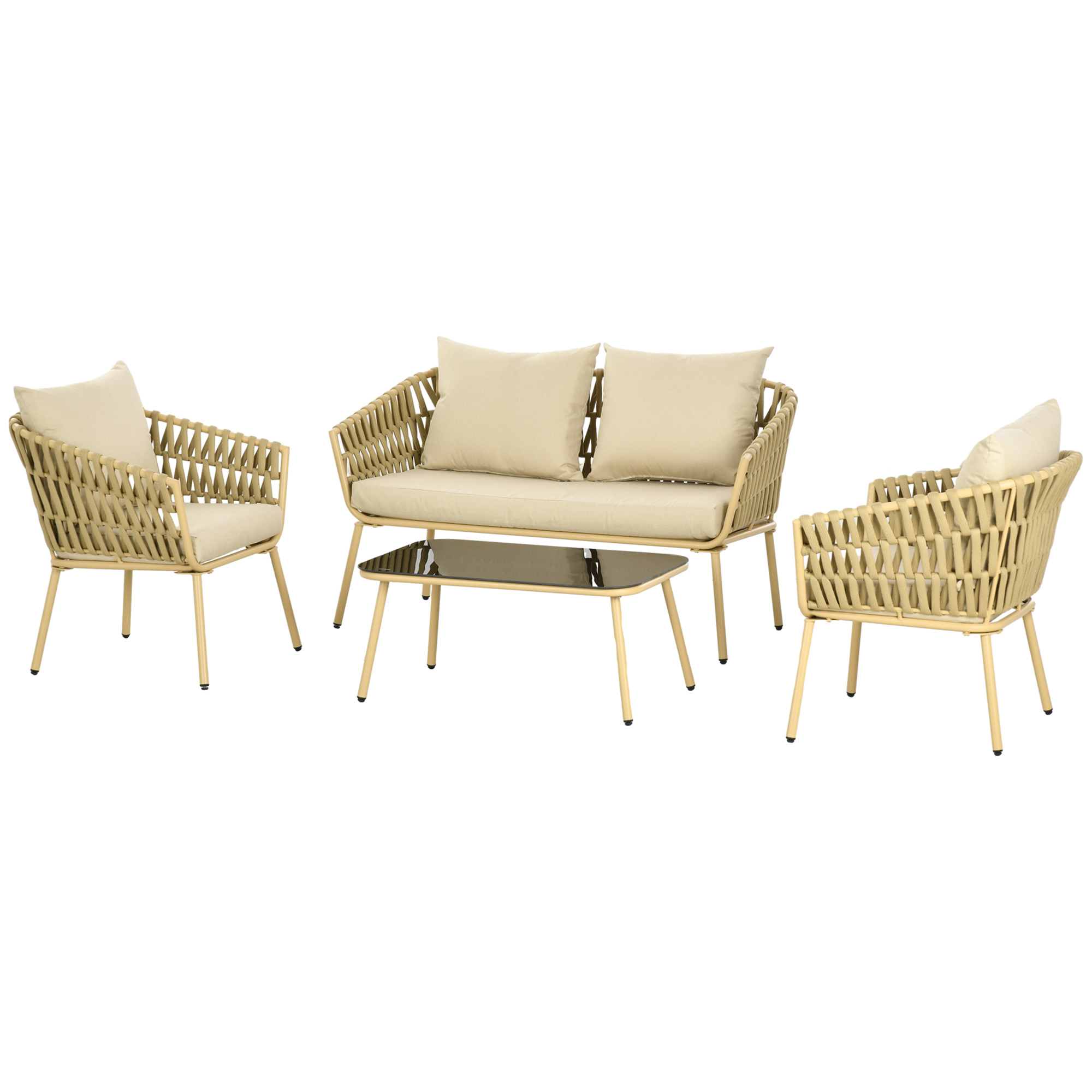 Outsunny 4 tlg Rattan Gartenmöbel Set Sitzgruppe mit 1 Couchtisch 2 Sesseln 1 Doppelsofa Gartengarnitur mit Kissen Khaki für Terrasse & Garten Aosom.de