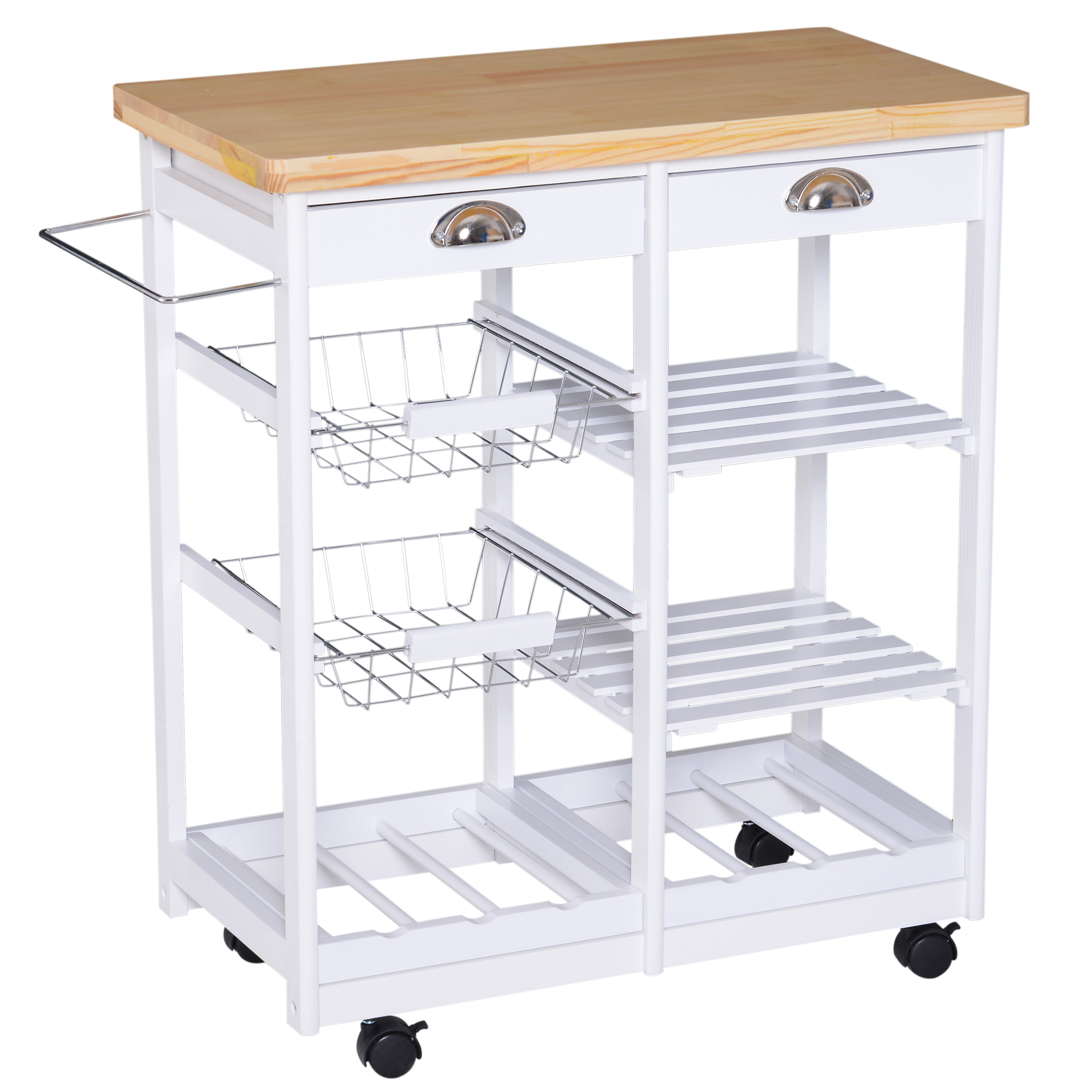 HOMCOM Küchenwagen Servierwagen mit Korb Schublade und Weinablage, rollbar aus Holz in Weiß 74x37x76 cm für Küche und Esszimmer Aosom.de