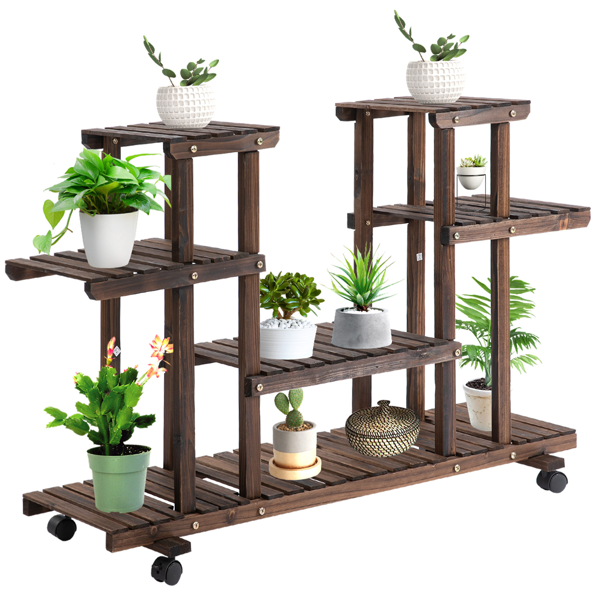Outsunny Blumenständer Pflanzenregal vierstufiges Regal aus massivem verkohltem Holz 123,5x33x80cm für Garten Balkon Aosom.de