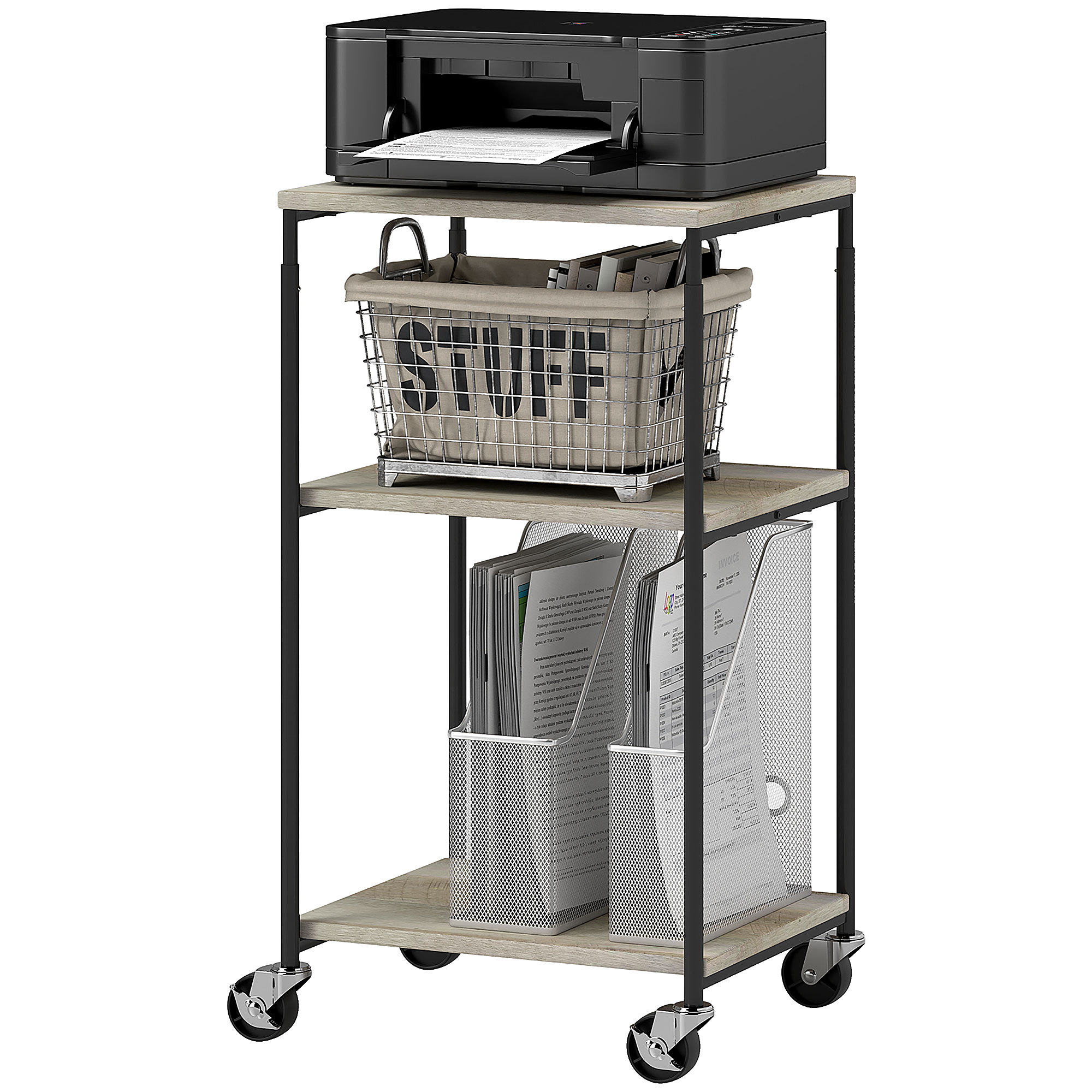 HOMCOM Druckertisch mit Rolle, Druckerständer mit 3-Ebene, Druckerhalter, Druckerwagen bis 12 kg belastbar, für Büro, Arbeitszimmer, Stahl, 39 x 34,5 x 81,5 cm Aosom