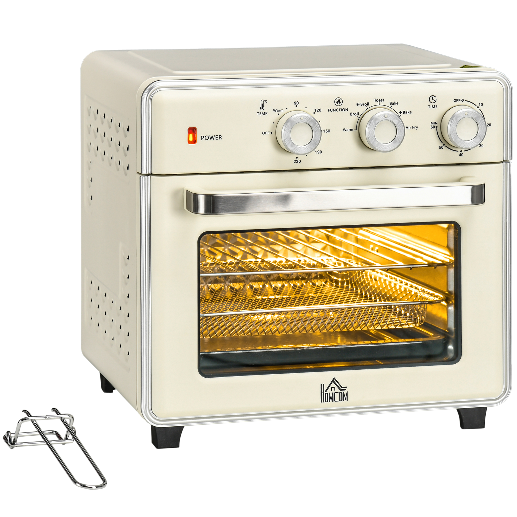HOMCOM Minibackofen mit Umluft 20L, 7 in 1 Pizza-Ofen inkl. Backblech Set, Frittierkorb, Krümelblech, 1 Std. Timer, 1400 W, Cremeweiß Aosom