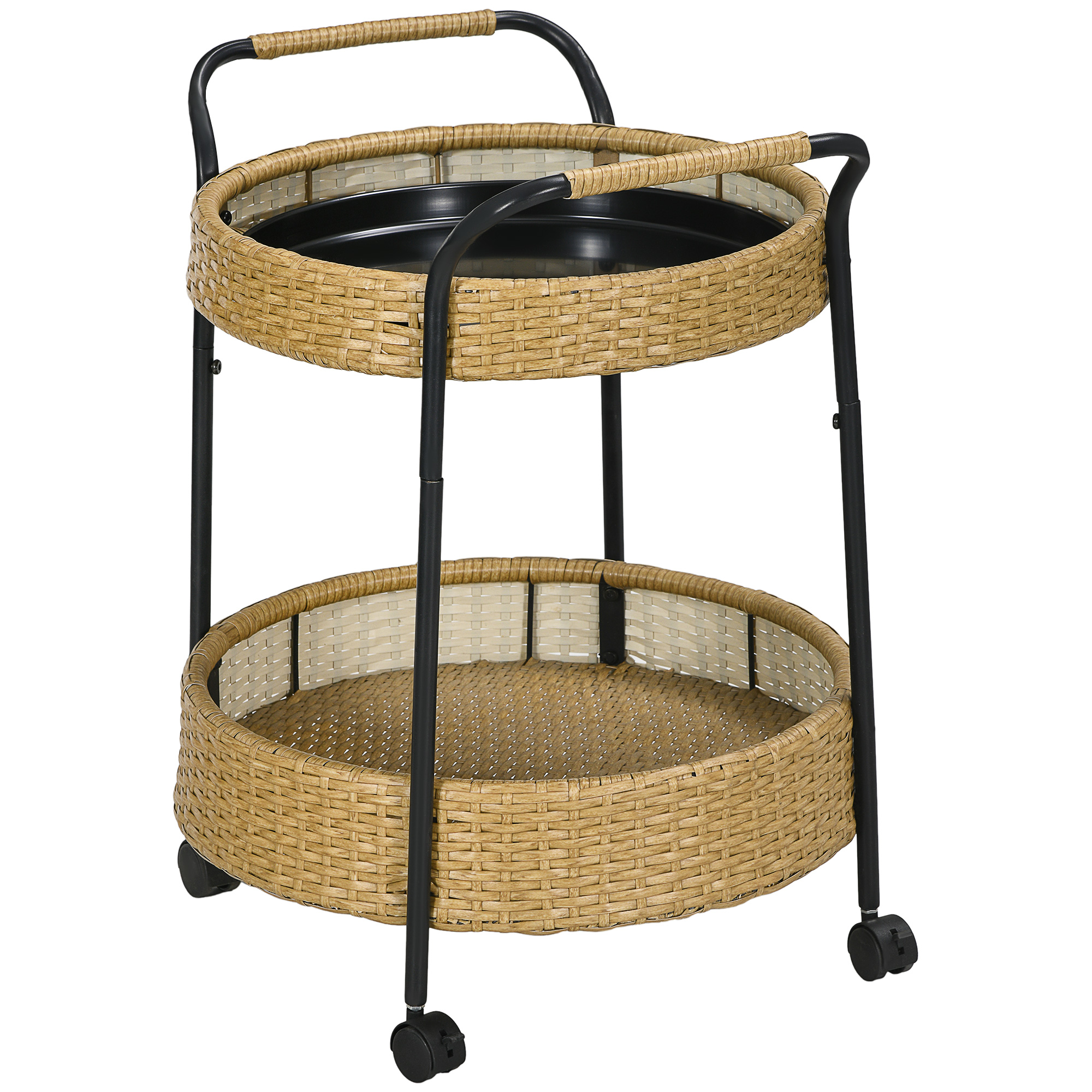 Outsunny Servierwagen, Φ50 x 66 cm, Rattan Trolley mit 2 Regalen, Gartenrollwagen, Runde Küchenwagen mit Griffen, Outdoor Barwagen, Natur  Aosom