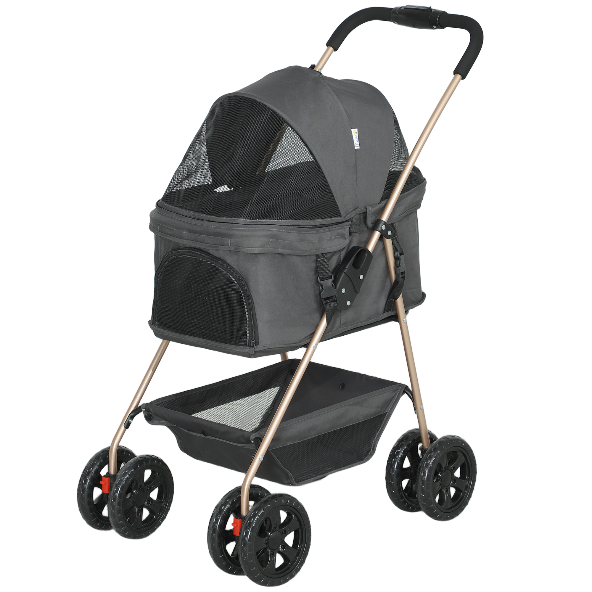 PawHut Hundewagen 3 in 1 Hundebuggy Faltbar Hundebox, klappbar Transporttasche mit Getränkehalter, Hunde Buggy, Katzenwagen mit 360° Räder Katzenbuggy für Mini Hunde unter 4 kg, Grau   Aosom