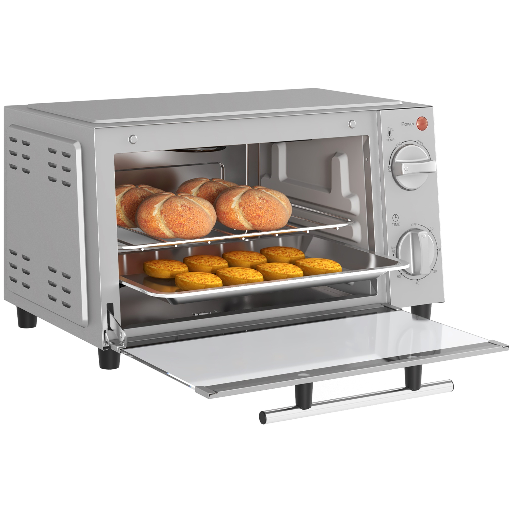 HOMCOM Minibackofen 9L Mini Ofen mit Backblech, Grillrost, 100 °C-230 °C, mit einstellbar Temperatur und Garzeit, 60 Min. Timer, 750W, Edelstahl, Silber Aosom