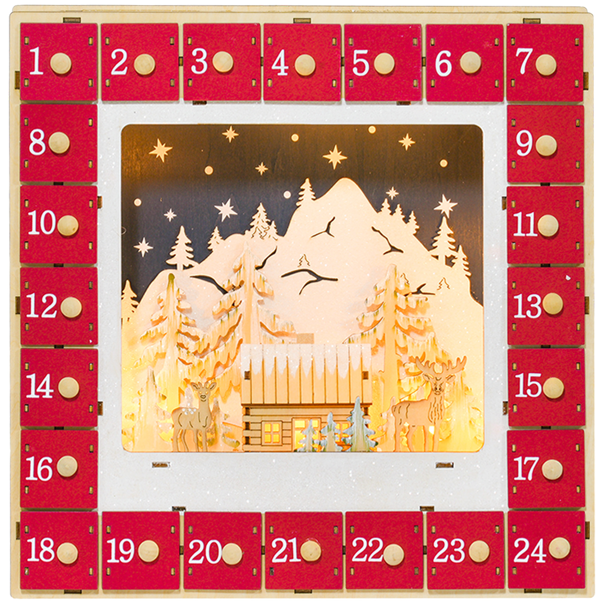 HOMCOM Adventskalender zum Befüllen 24 Schubladen Fächer Weihnachtskalender mit LED-Lichtern Adventskalenderbox Weihnachtsdekoration DIY MDF 34 x 7 x 34 cm Rot   Aosom