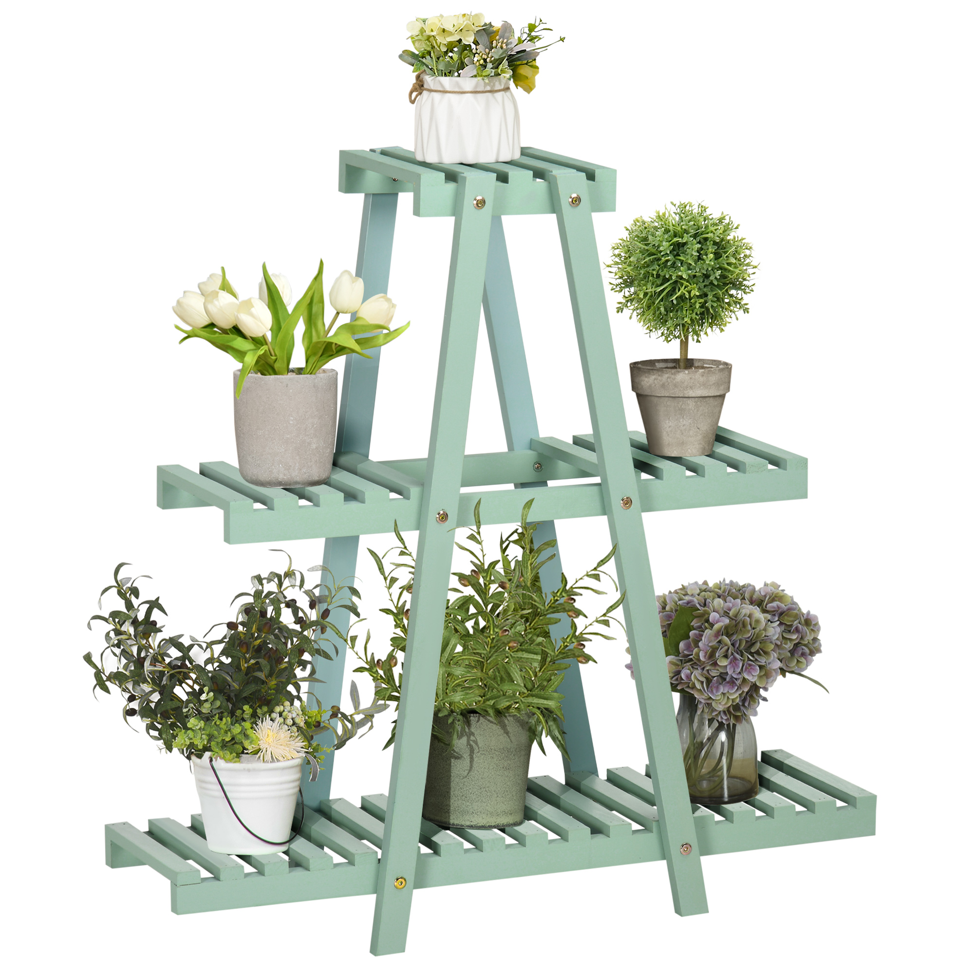 Outsunny Pflanzenregal mit 3 Stufen für 6 Blumentöpfe Pflanzentreppe aus Holz in Hellgrün 76x26x76cm ideal für Garten & Balkon Aosom.de