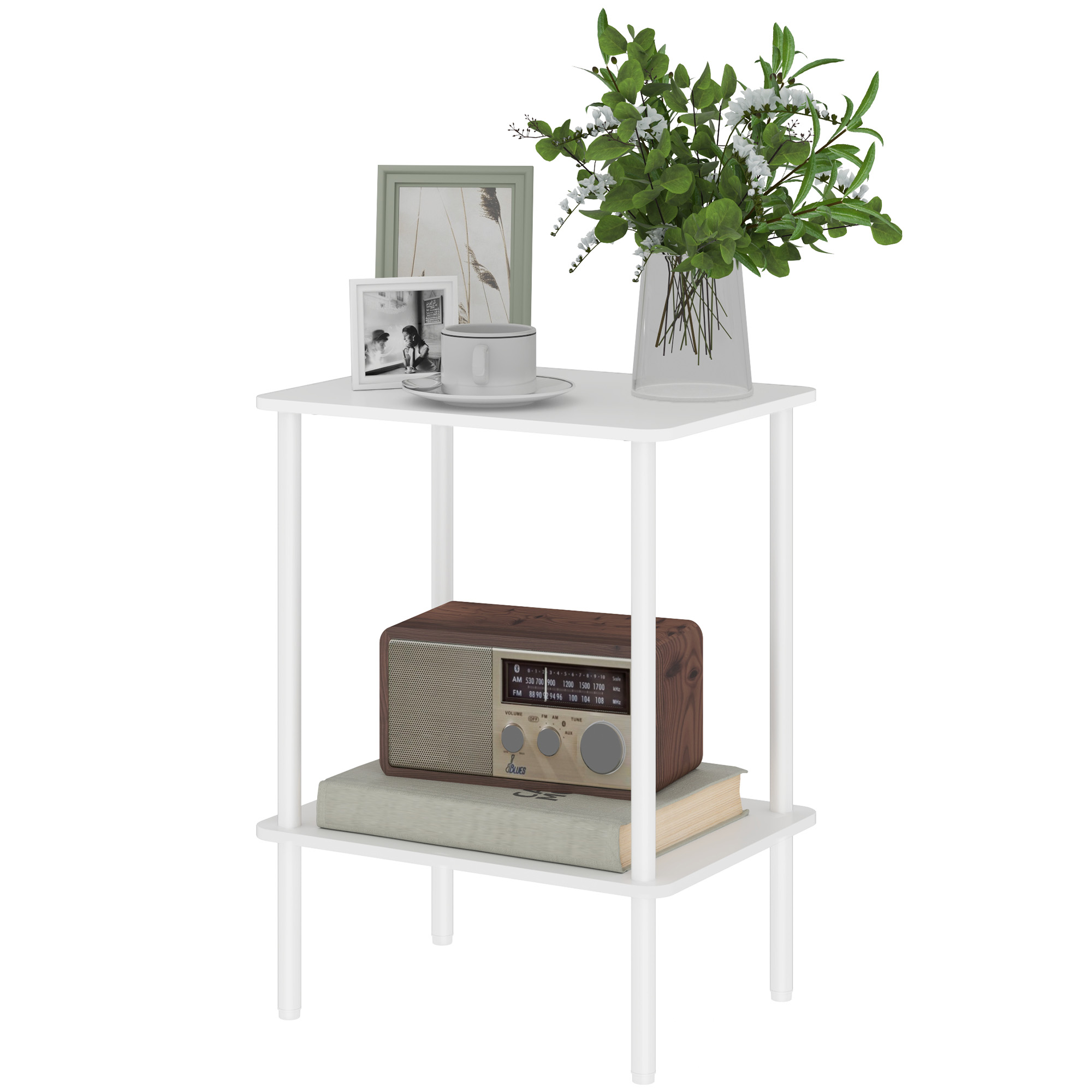 HOMCOM Beistelltisch, 2-stufiger Couchtisch mit Aufbewahrungsfach und Metallrahmen, Moderner Kaffeetisch für Wohnzimmer, Schlafzimmer, Weiß Aosom