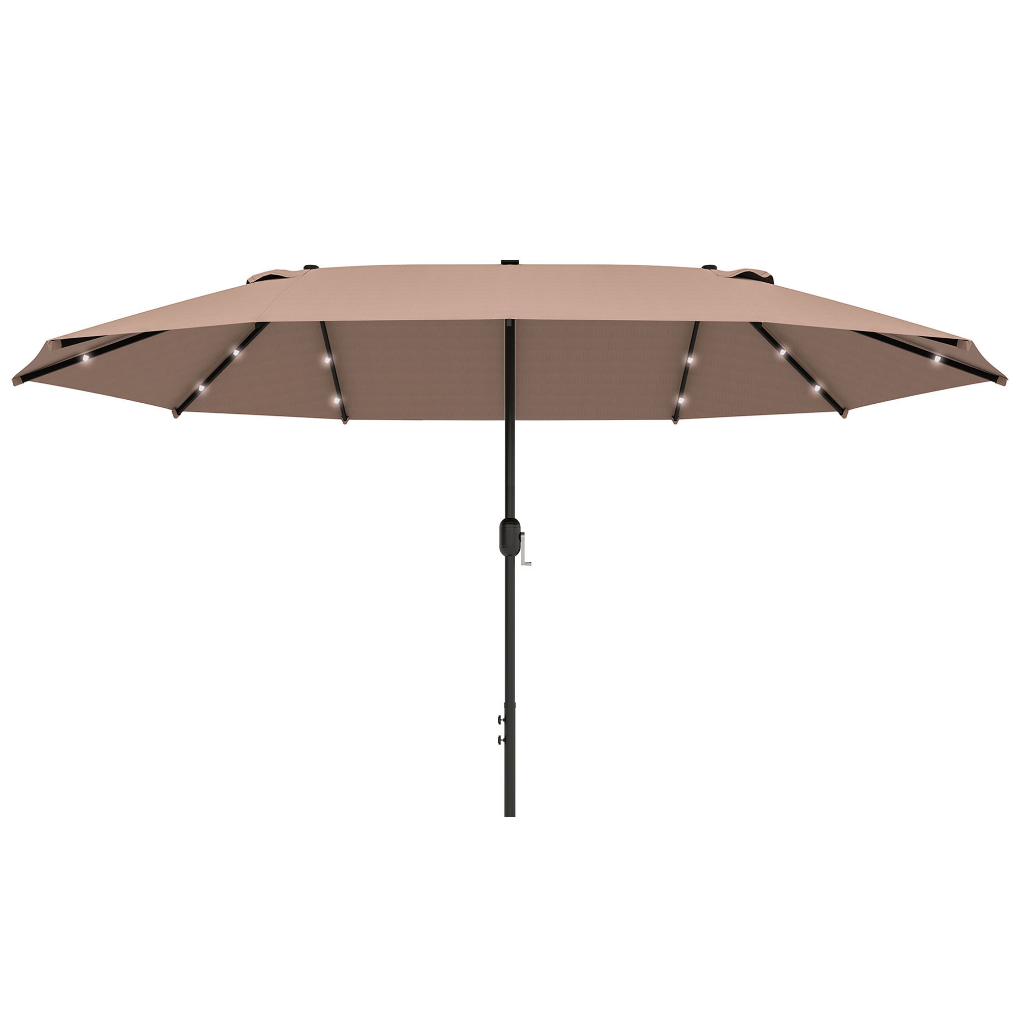 Outsunny Sonnenschirm mit LED Doppelsonnenschirm 440 x 260 cm Gartenschirm Terrassenschirm groß oval mit Handkurbel und Metallgestell in Khaki   Aosom.de