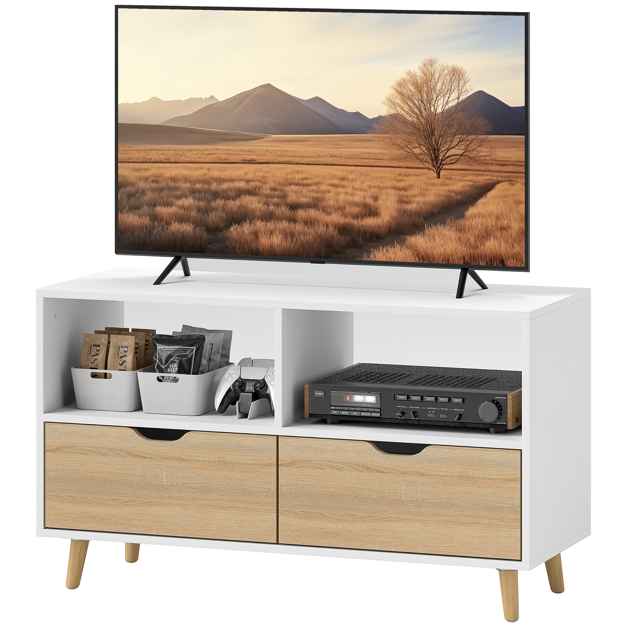 HOMCOM TV Schrank Lowboard mit 2 Ablage, Schublade, 99 cm lang Fernsehtisch für Fernseher, TV Board für Wohnzimmer, Weiß Aosom