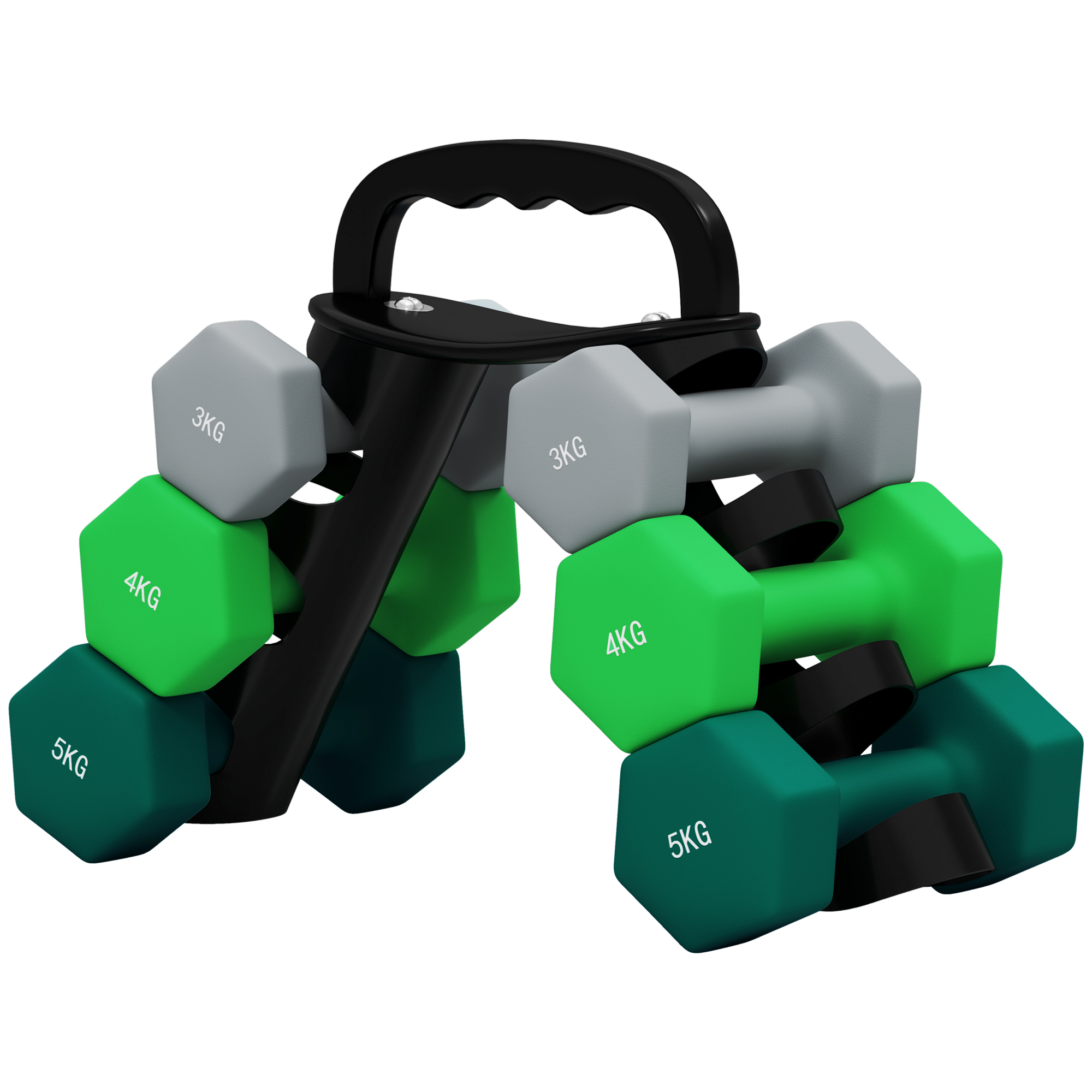 SPORTNOW 6er-Set Kurzhantel 2 x 3 kg, 2 x 4 kg, 2 x 5 kg, Hantel-Set mit Ständer, Hexagon Hanteln Set, für Krafttraining, Fitness Zuhause Gym, Grau+Grün+Türkis   Aosom