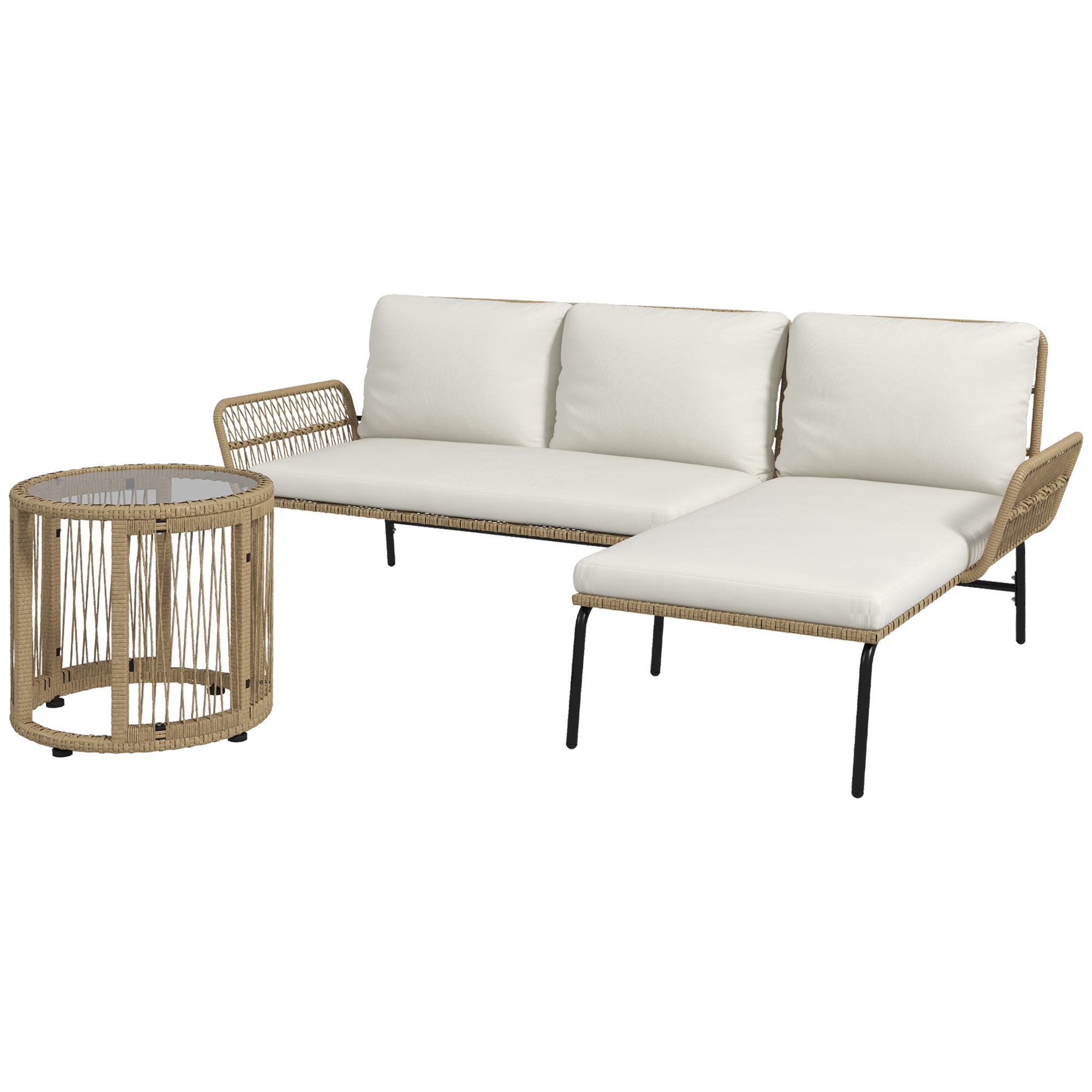 Outsunny Polyrattan Gartenmöbel Set rattan sitzgruppe mit Sonnenliege Zweisitzersofa Couchtisch abnehmbar Kissen für Garten Natur+Cremweiß Aosom.de