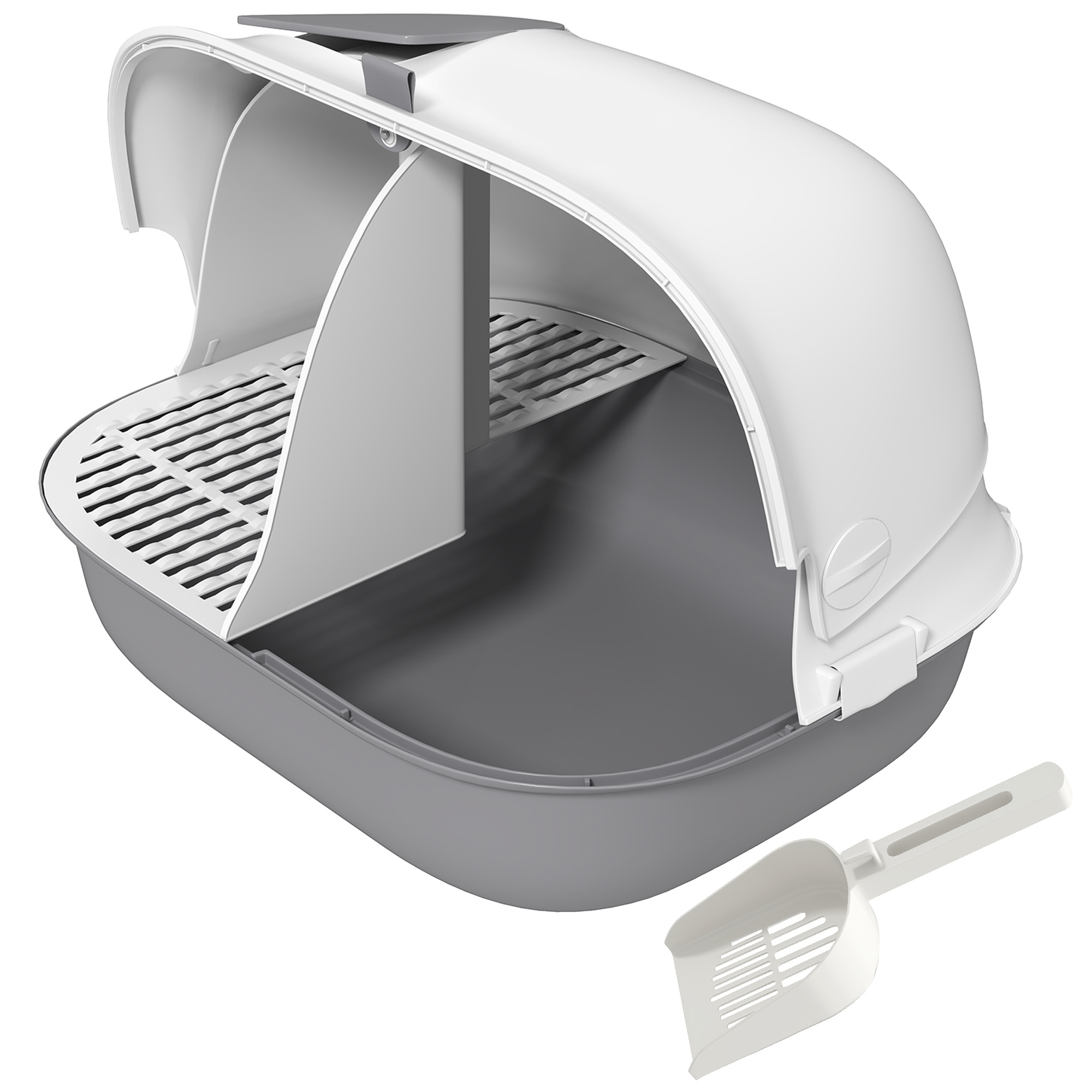 PawHut Katzentoilette mit Deckel, Katzenklo mit Sieb, Tür, Schaufel, geschlossen Katze Toilettenhaus für kleine Katze unter 3,5 kg, Indoor, Kunststoff, Hellgrau   Aosom