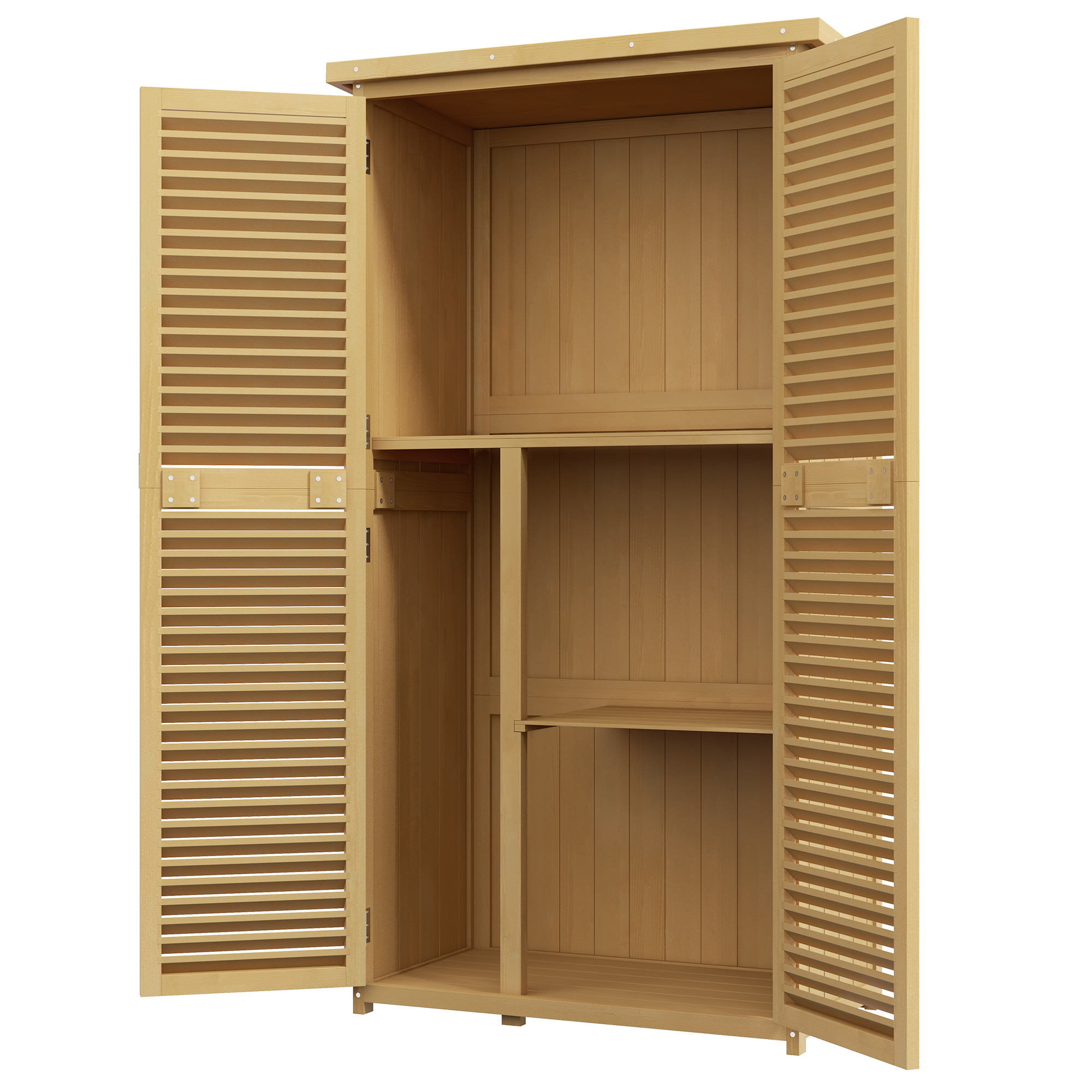 Outsunny Gartenschrank Holz Geräteschuppen Gerätehaus mit Asphaltdach Lamellentür Geräteschrank Schuppen Garten 4 Fächer Hellgelb 87 x 46,5 x 160 cm   Aosom