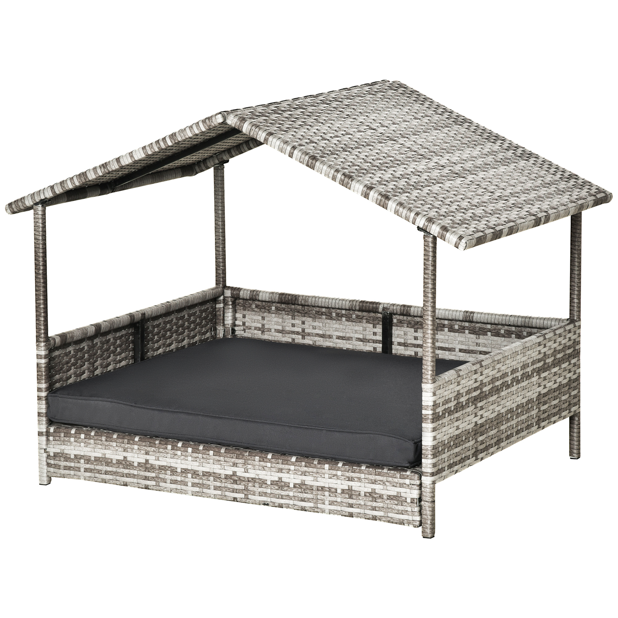PawHut Rattan Hundehaus mit Kissen, Hundebett im Hausform, Outdoor Hundehütte, Stahlrahmen, Kunststoff, Grau, 69 x 98 x 70 cm Aosom