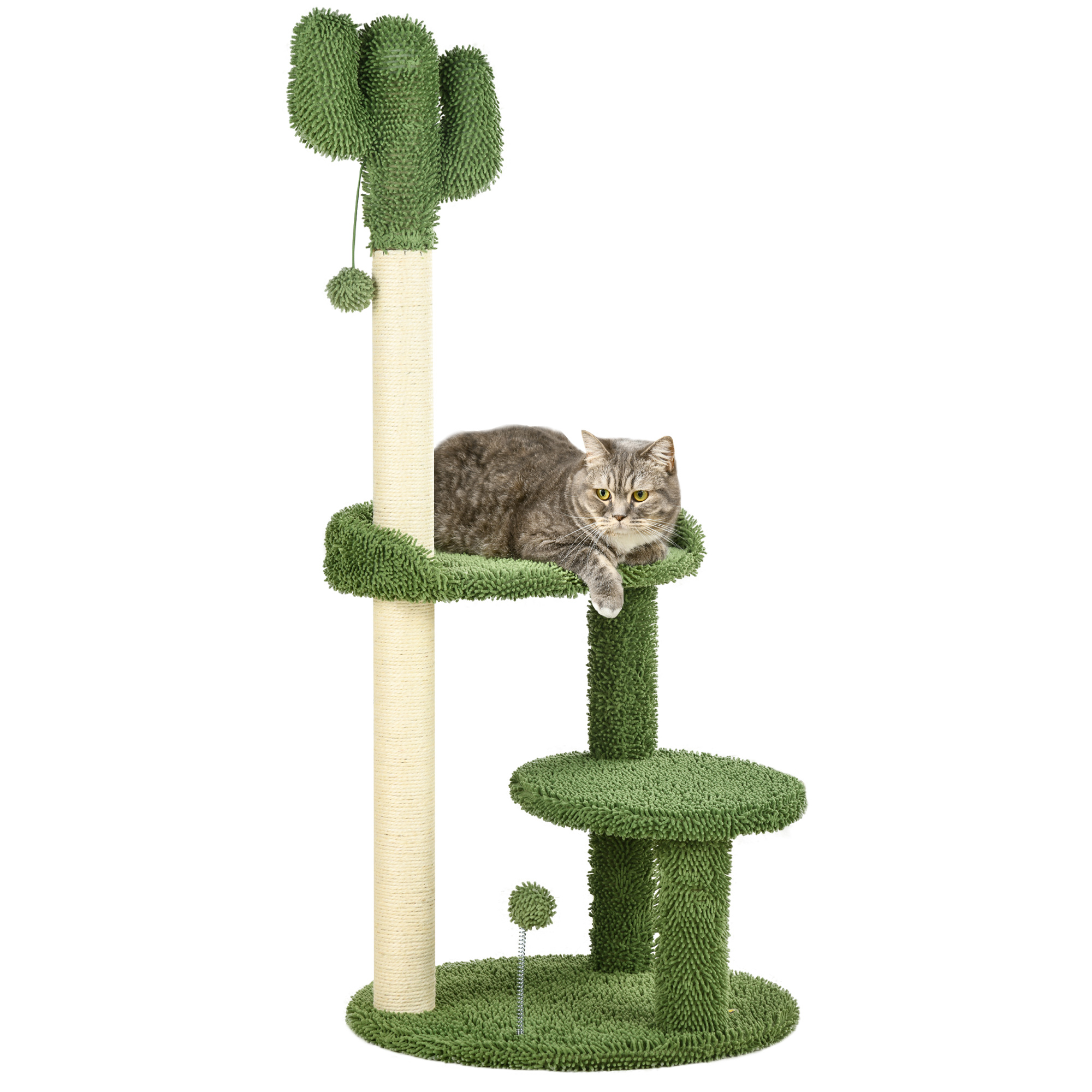 PawHut Kratzbaum Kaktus-Design Φ 49 x 111cm mit 2 Etagen & Spielball, stabiler Katzenbaum für kleine Katzen in Grün   Aosom.de