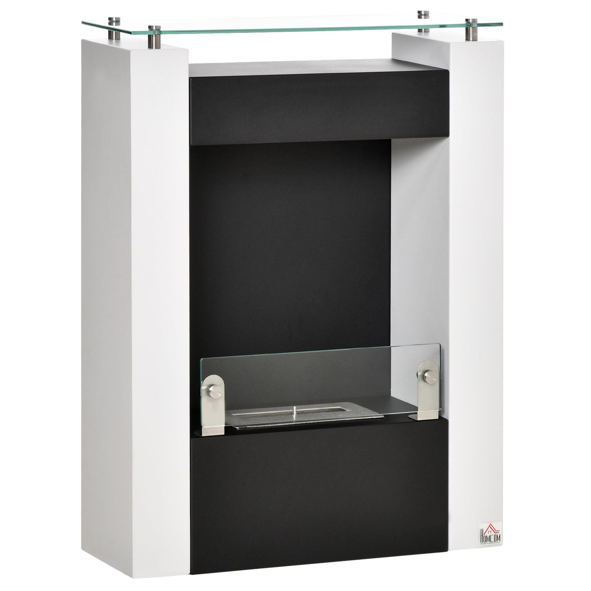 HOMCOM Ethanol-Kamin Bio-Ethanol-Brenner 2000W 1,5L 3 Std Brenndauer freistehend aus Stahl Edelstahl gehärtetes Glas in Weiß und Schwarz 60x20x79cm   Aosom.de