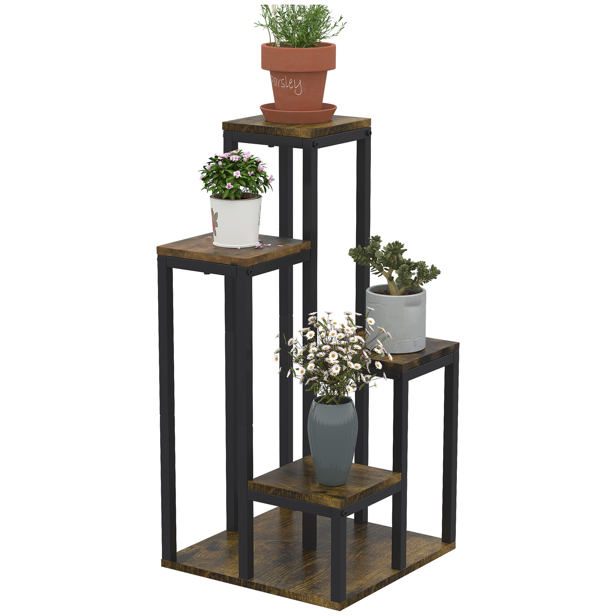 Outsunny Pflanzenständer Blumenständer 4 Ebenen multifunktionales Pflanzenregal Braun 40x40x81cm für Balkon Garten & Innenräume Aosom.de