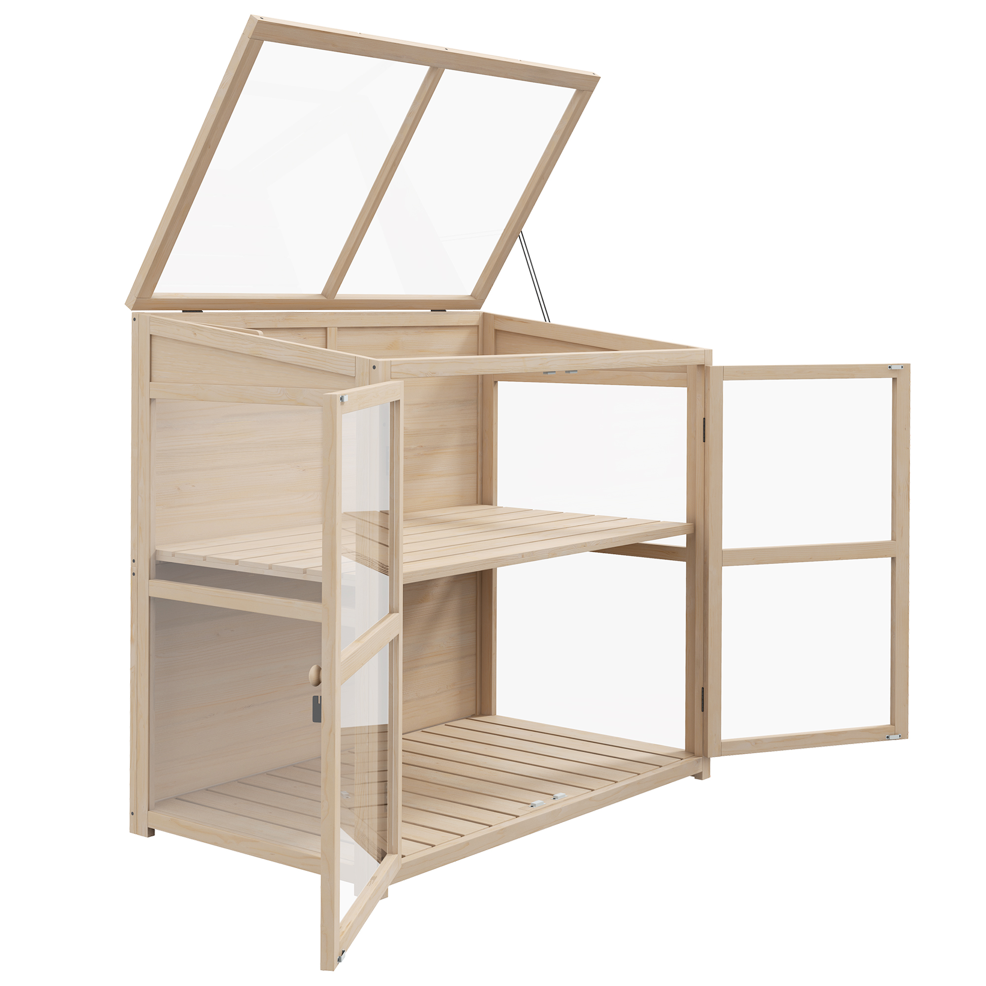 Outsunny Frühbeet aus Holz  2-stufiges Gewächshaus mit Doppeltür & Dachfenster, Winddicht, Natur, 103x61x103cm  Aosom